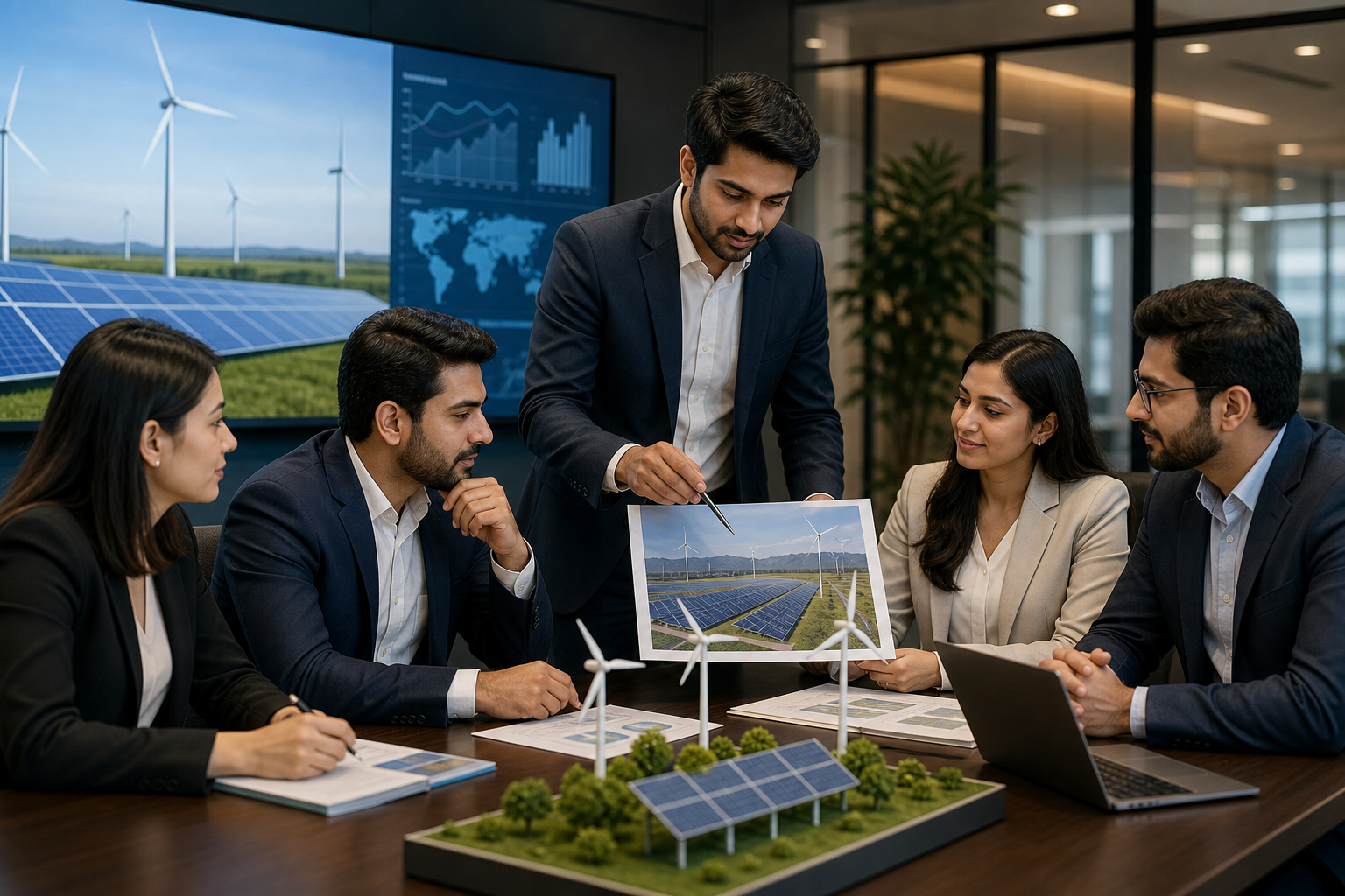 Energy strategy team in a clean corporate workspace reviewing solar and wind project visuals with composed expressions