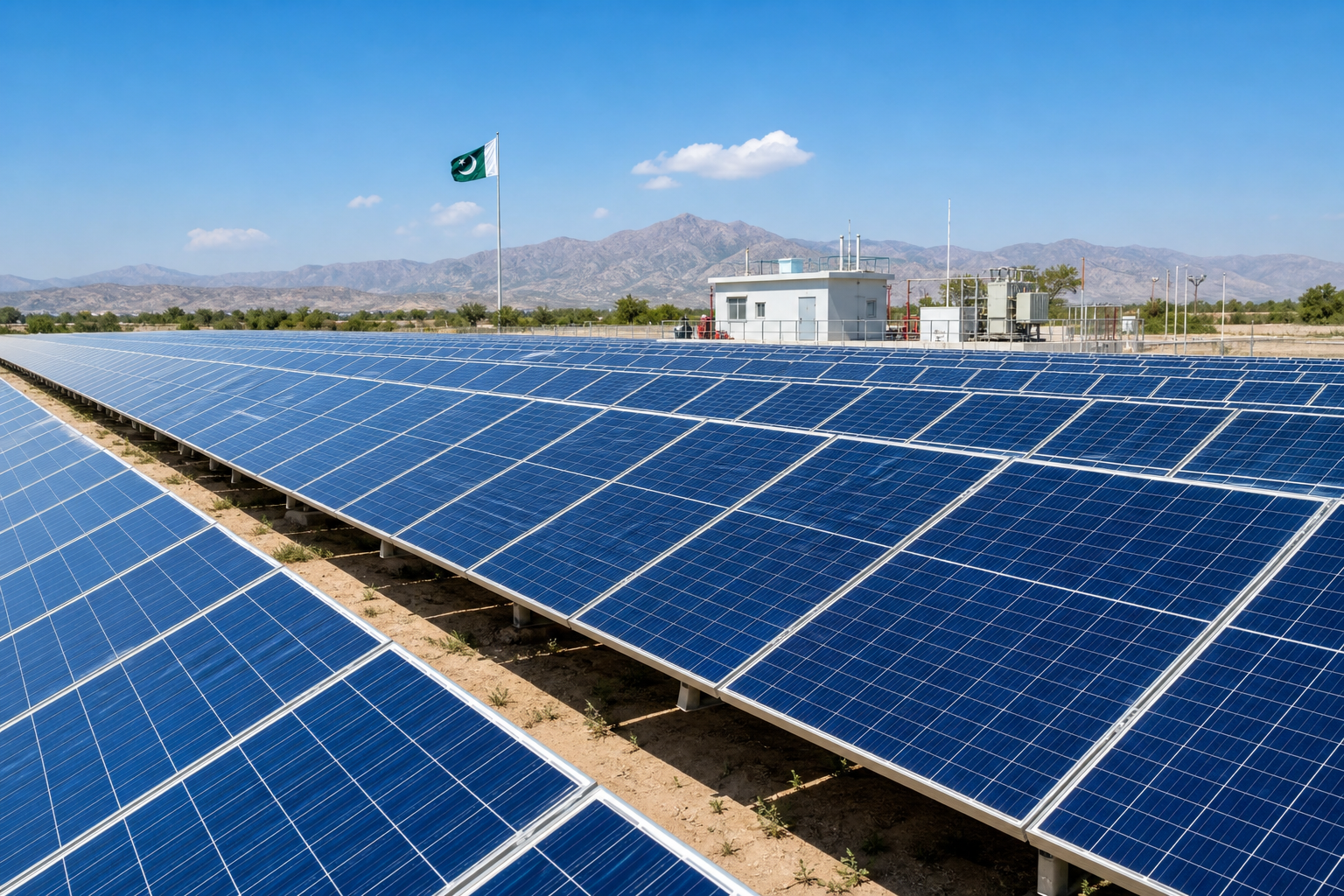 Editorial photo of a solar power facility in Pakistan with rows of photovoltaic panels under a clear sky