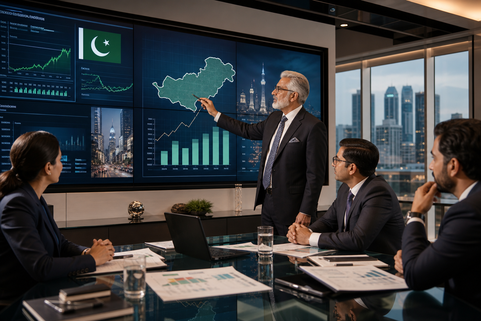 Senior economic analysts in a corporate newsroom reviewing Pakistan market outlook charts under balanced conference lighting