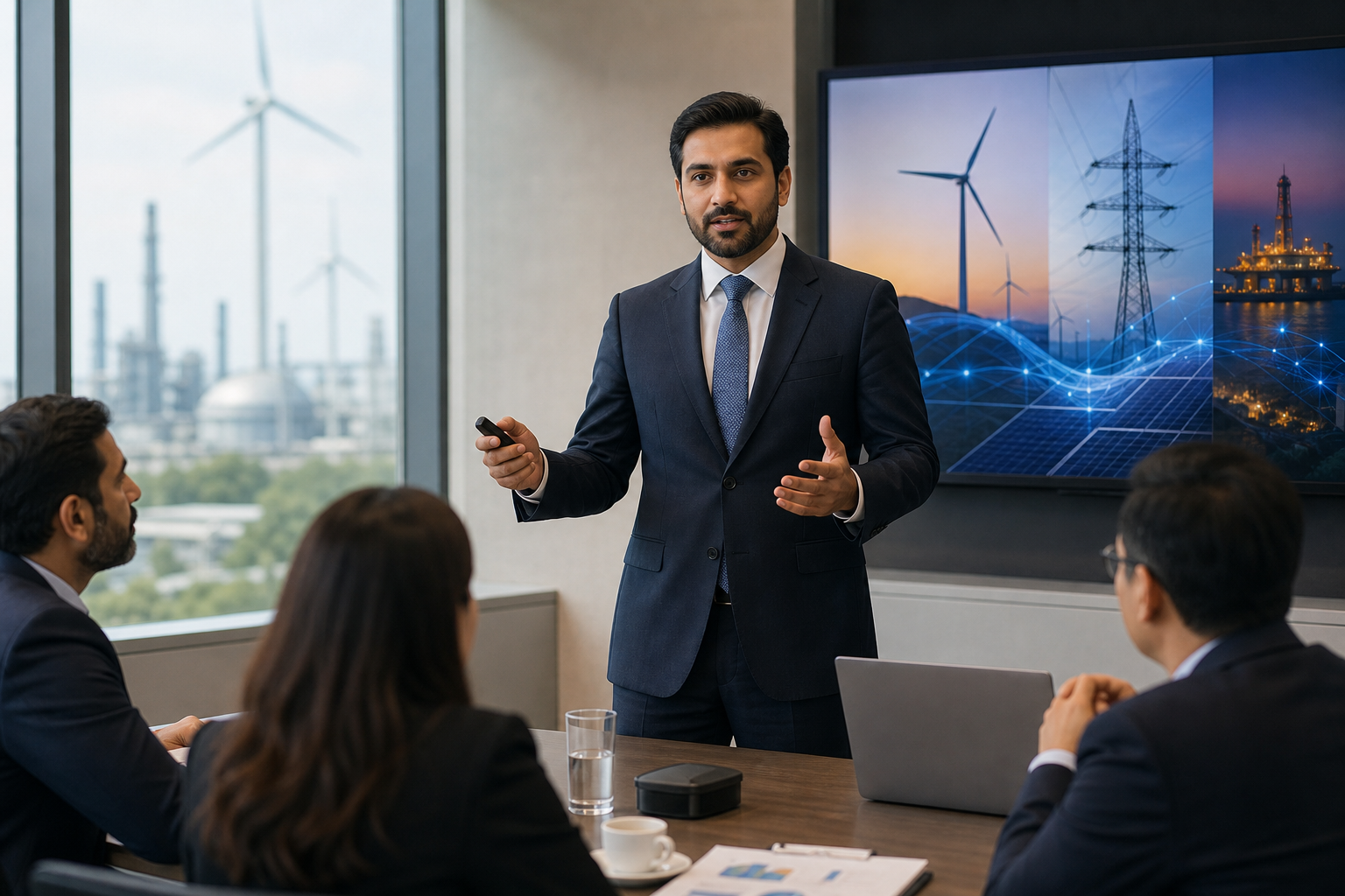 Energy executive delivering an editorial briefing in a modern conference room with calm, confident expression