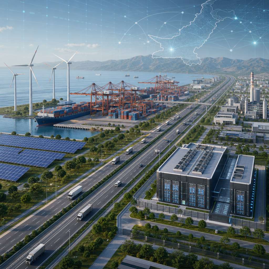 Isometric illustration of a modern Pakistan industrial corridor with highways, a port crane, wind turbines, and a digital data overlay