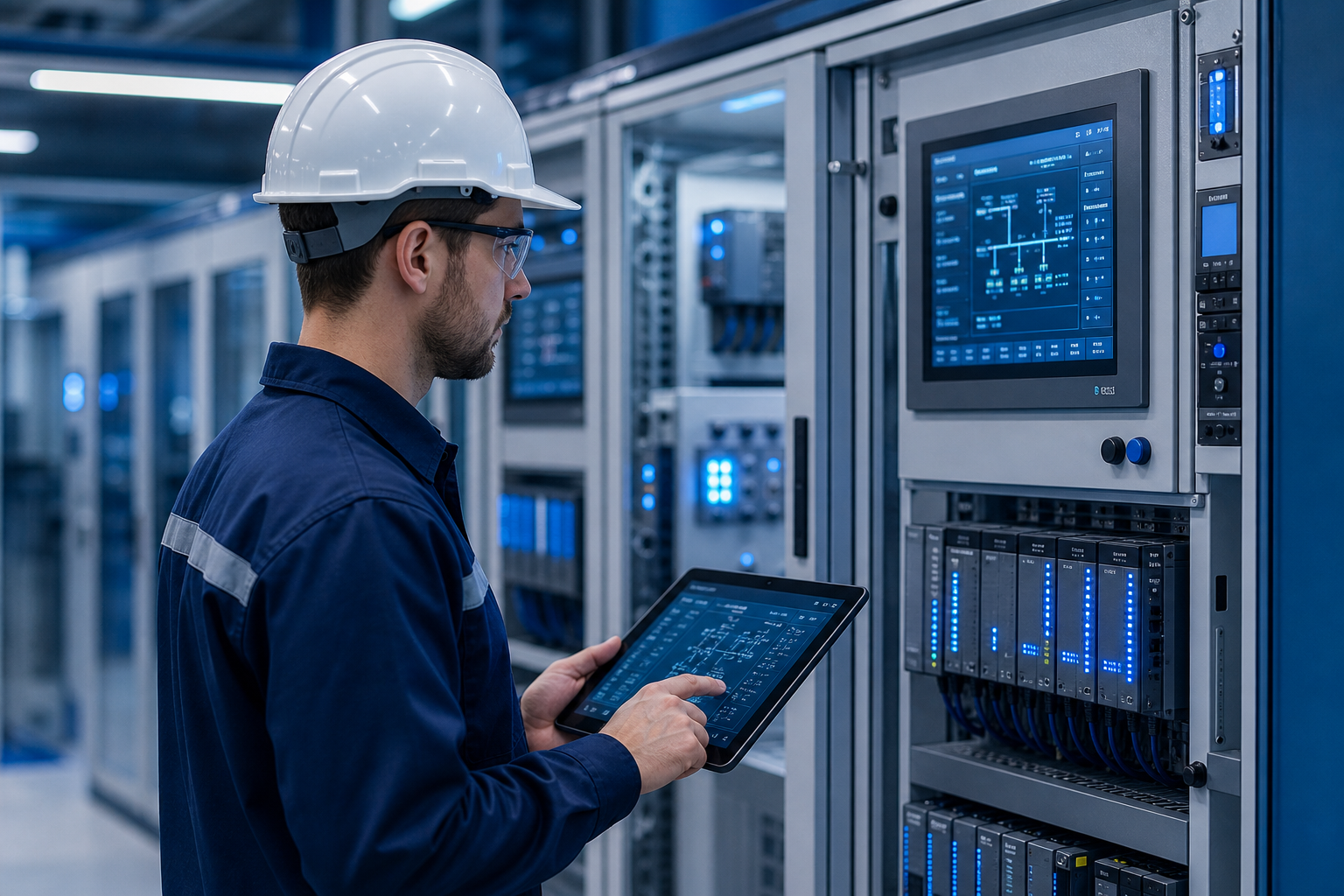 Automation engineer reviewing PLC diagnostics on a modern industrial control panel with blue indicator lights