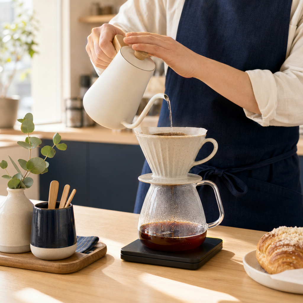 barista pouring filter coffee into a ceramic dripper