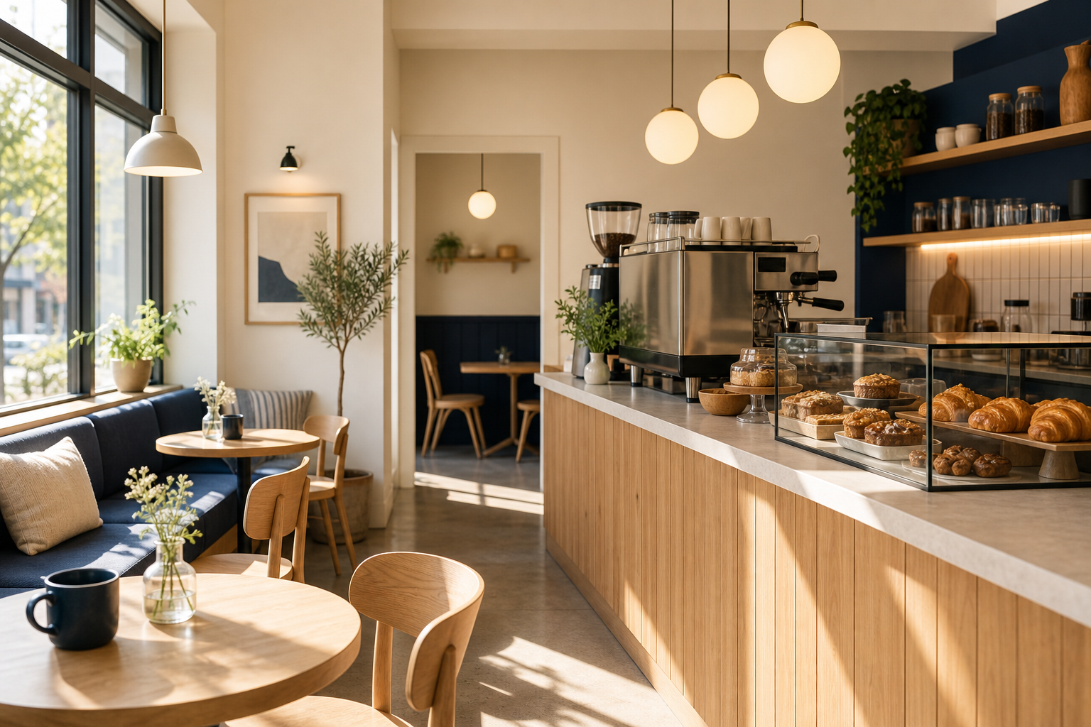 Cozy Scandinavian cafe interior with light wood tables, deep navy accents, pastries on the counter, and soft morning sunlight