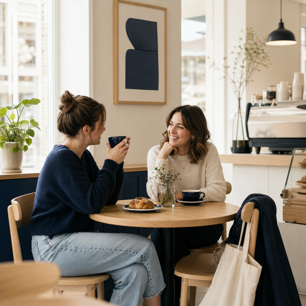 two friends chatting over coffee in a cozy cafe