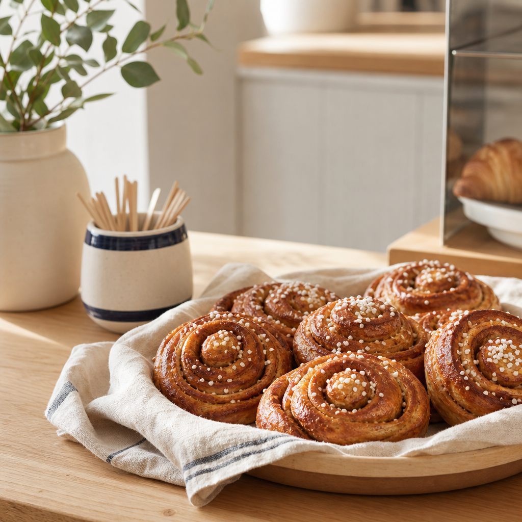 warm cinnamon buns on a light wood counter