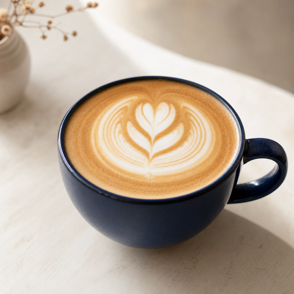 latte in a deep navy cup with soft foam art