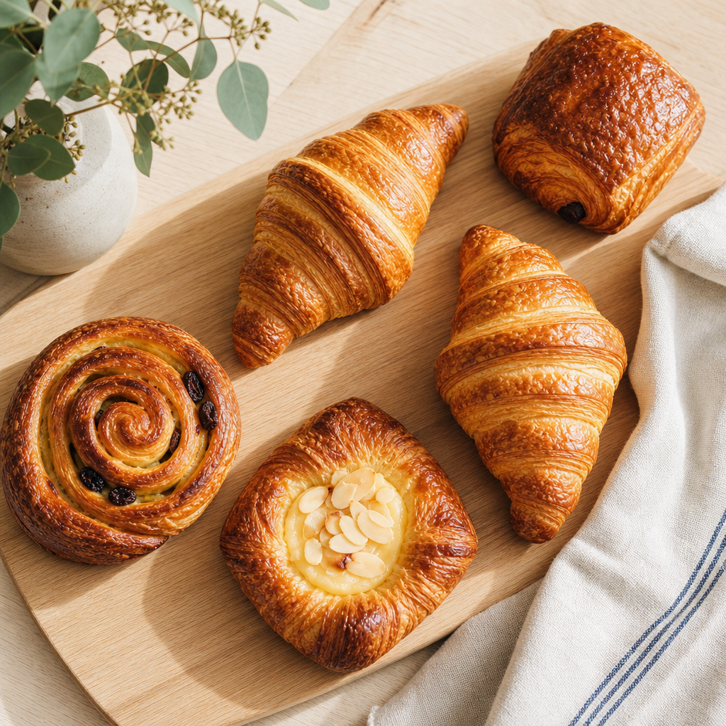 wooden board with croissants and morning pastries