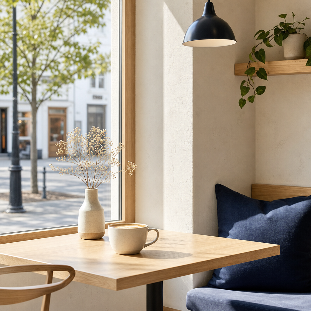 sunlit cafe window seat with light wood table