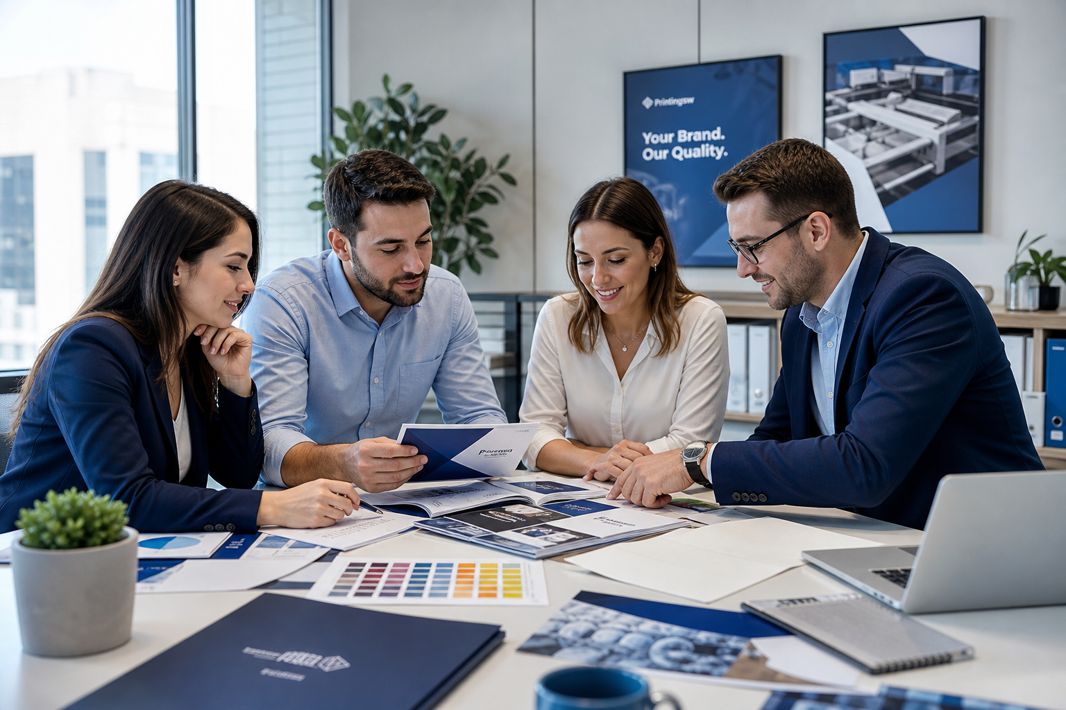 Professional office workspace with branding materials, notebooks, and a small team reviewing print samples in a clean corporate setting
