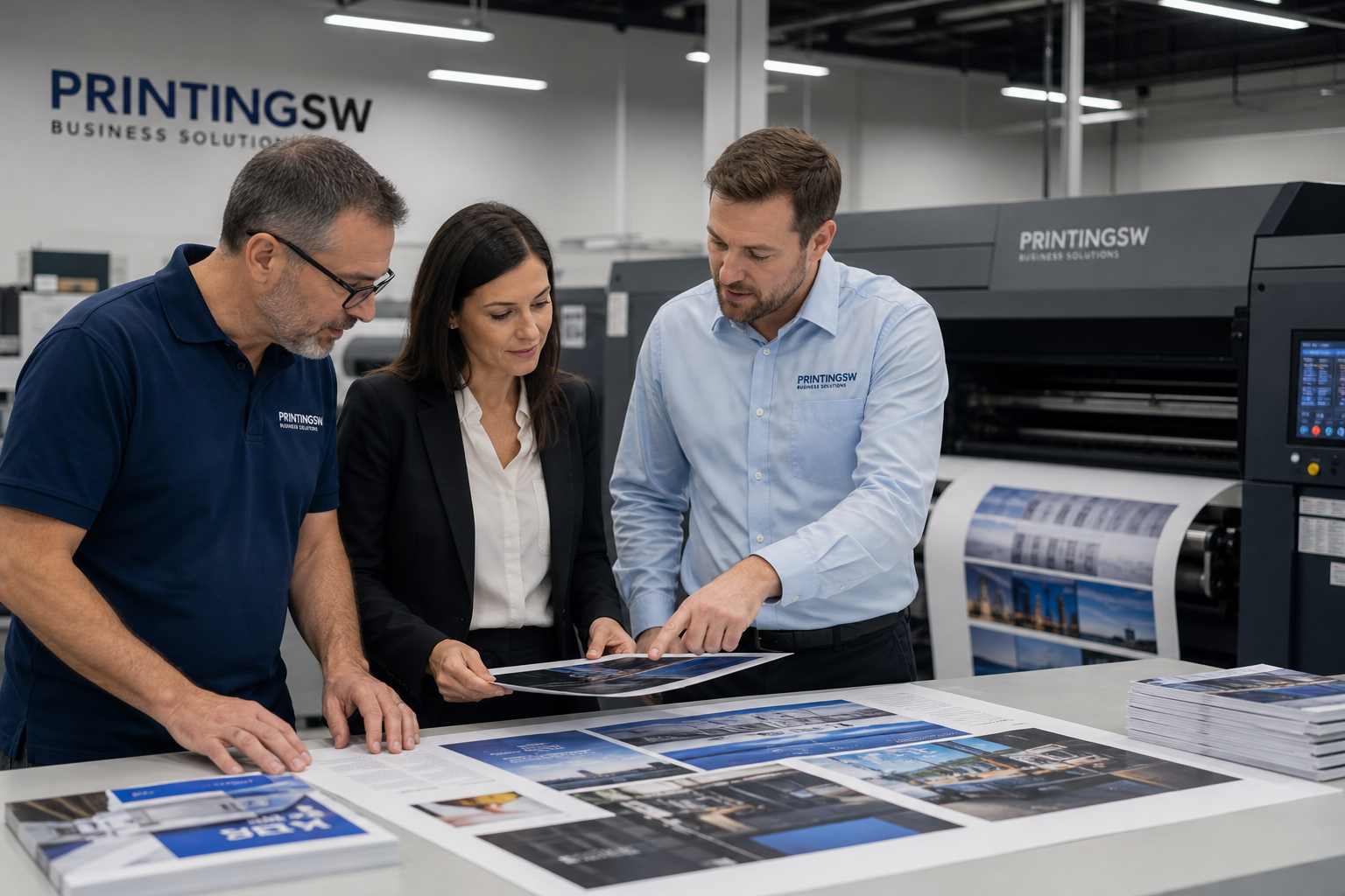 Professional print operations team reviewing high-quality commercial print materials in a modern U.S. print facility