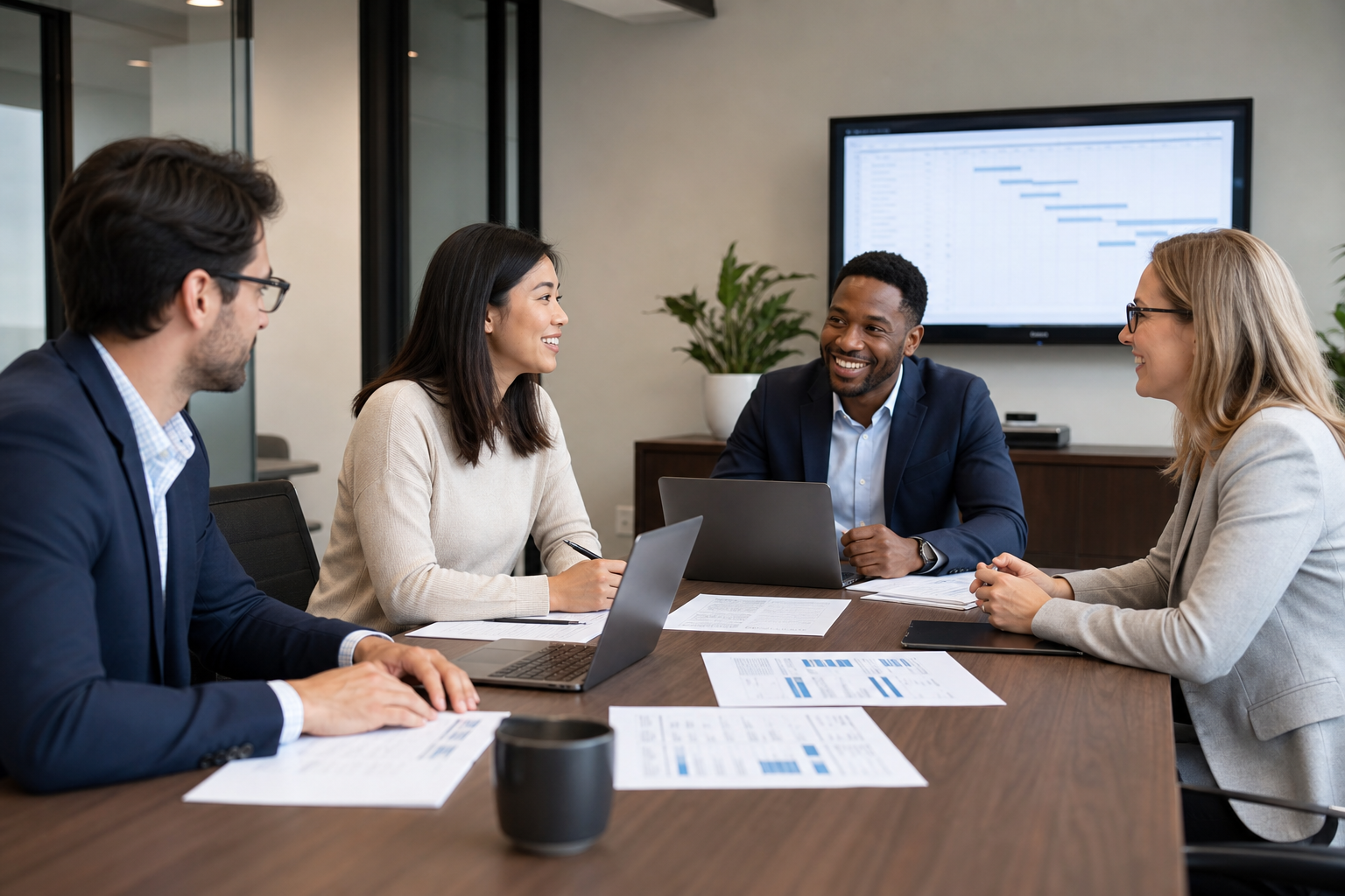 Professional customer support team in a modern U.S. office meeting room reviewing print project schedules on laptops