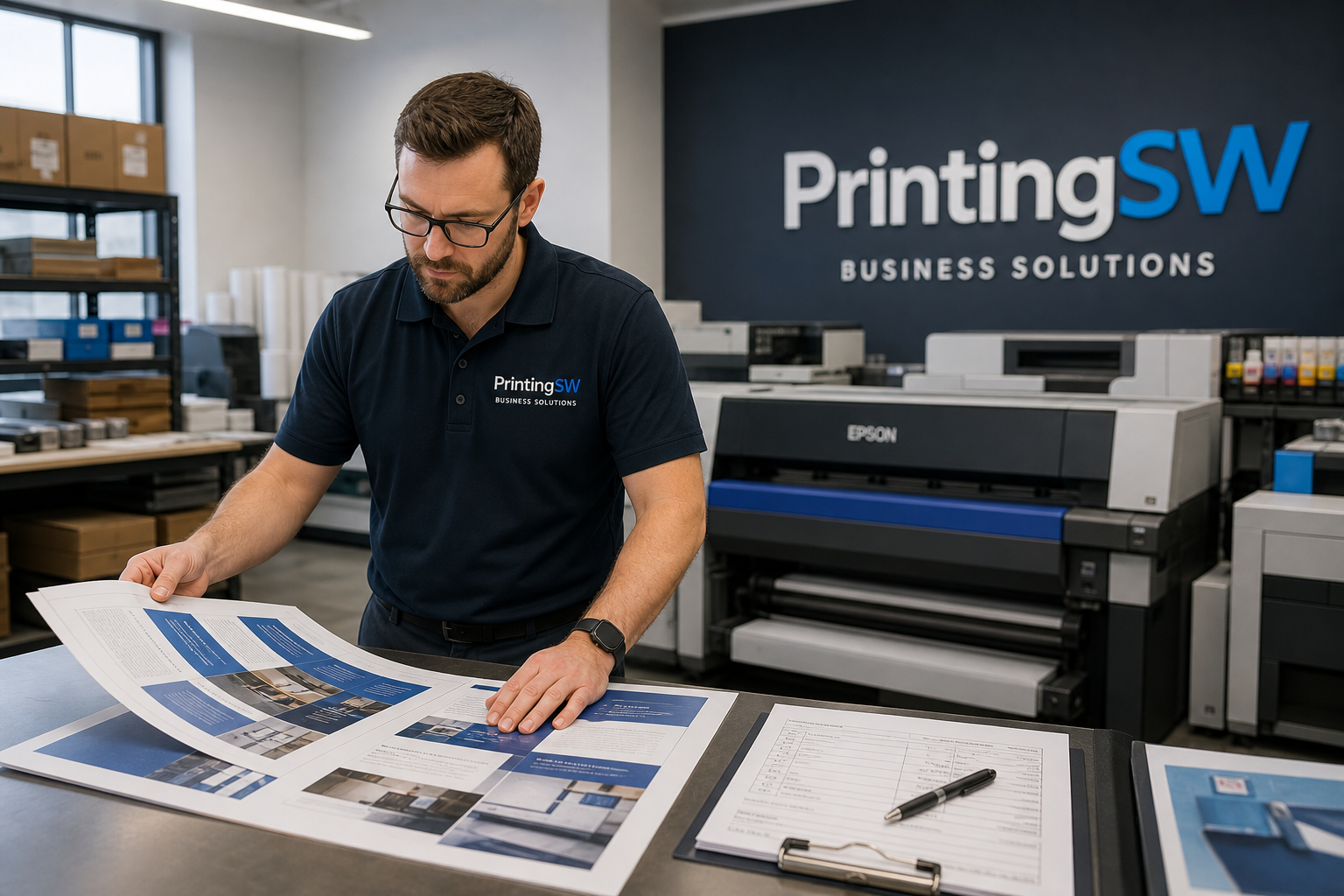 PrintingSW team member reviewing large format prints and production checklist in a modern U.S. print operations room