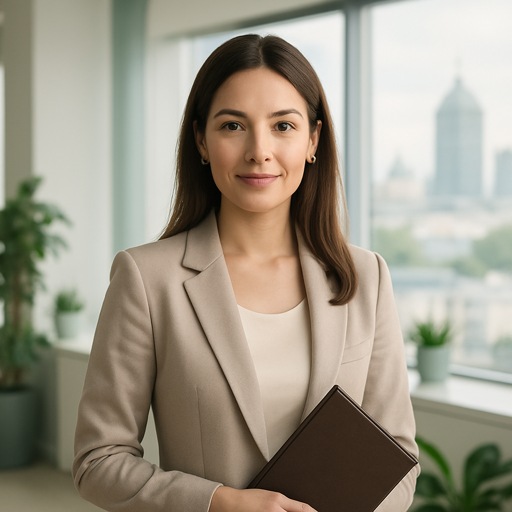 Polished portrait of Olha Melnyk in a bright modern real estate office