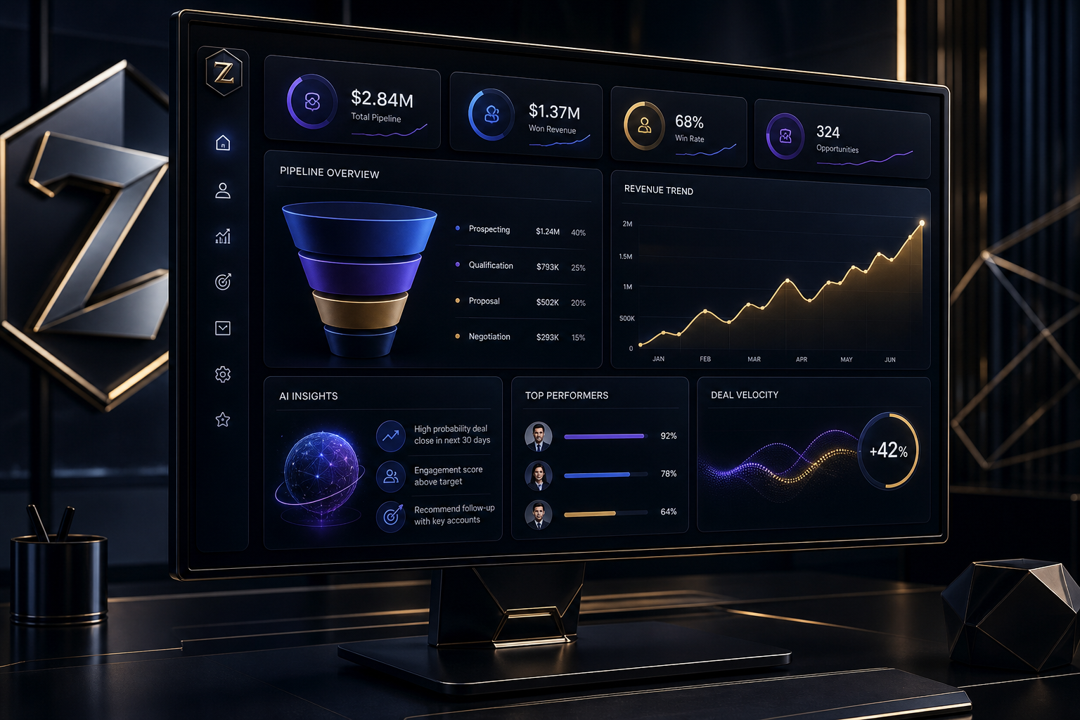 Futuristic dark sales analytics dashboard with glowing AI data panels, pipeline charts, and metallic interface accents