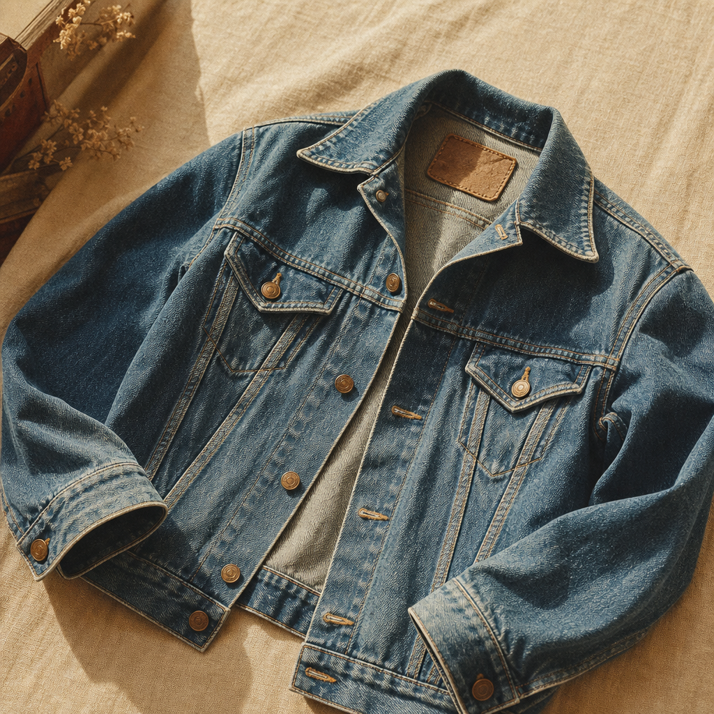 Sun-faded 1970s denim jacket with brass buttons and worn seams
