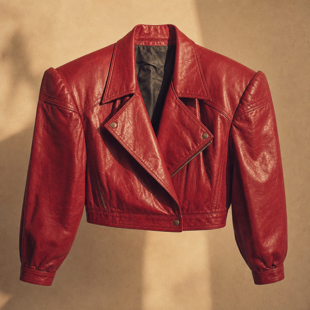 Bold 1980s cropped jacket in crimson leather with oversized shoulders