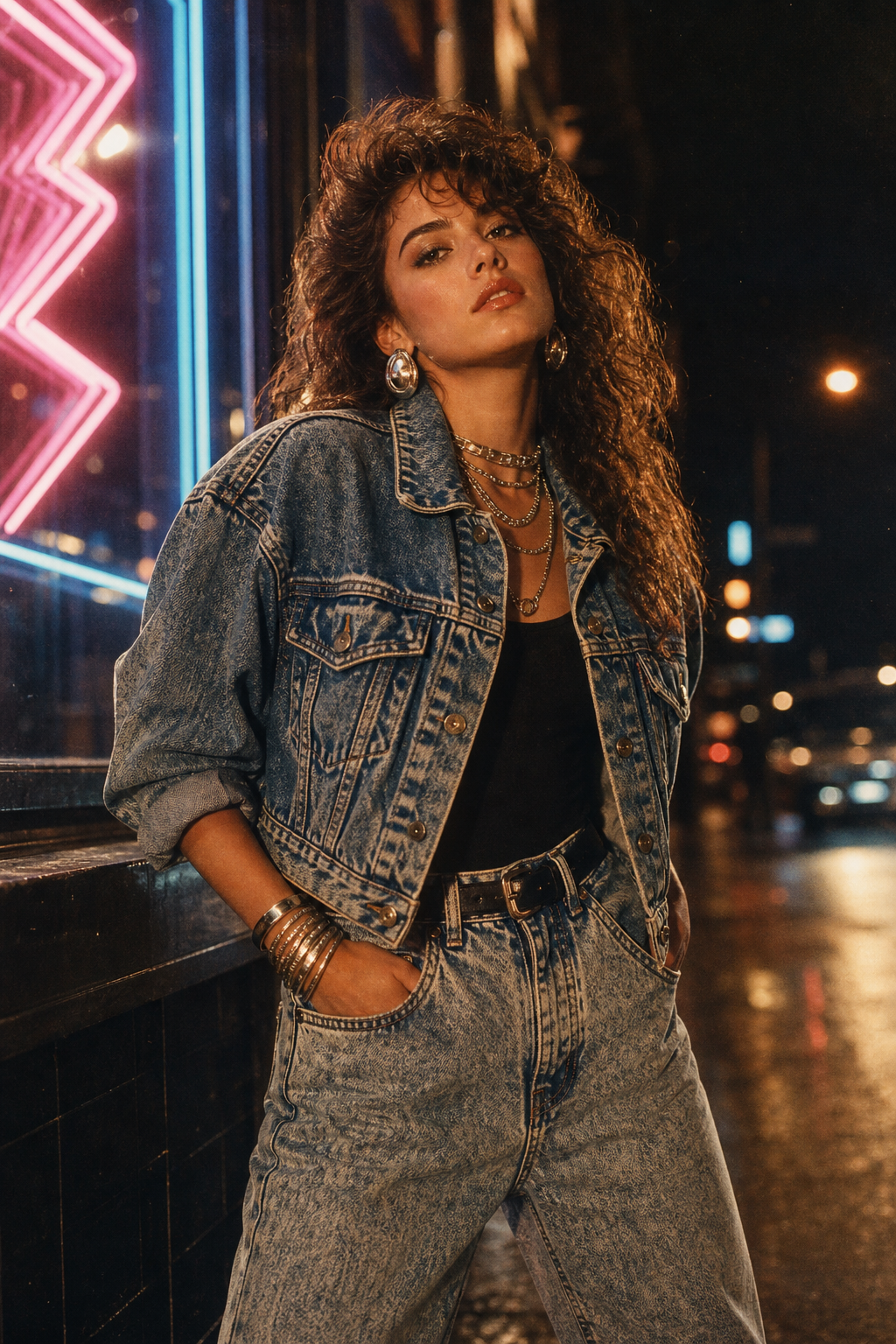 80s-inspired denim look with a cropped jacket, high-waist jeans, and metallic accessories