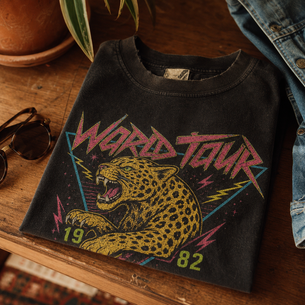 Vintage graphic tee in washed black with neon tour-style print