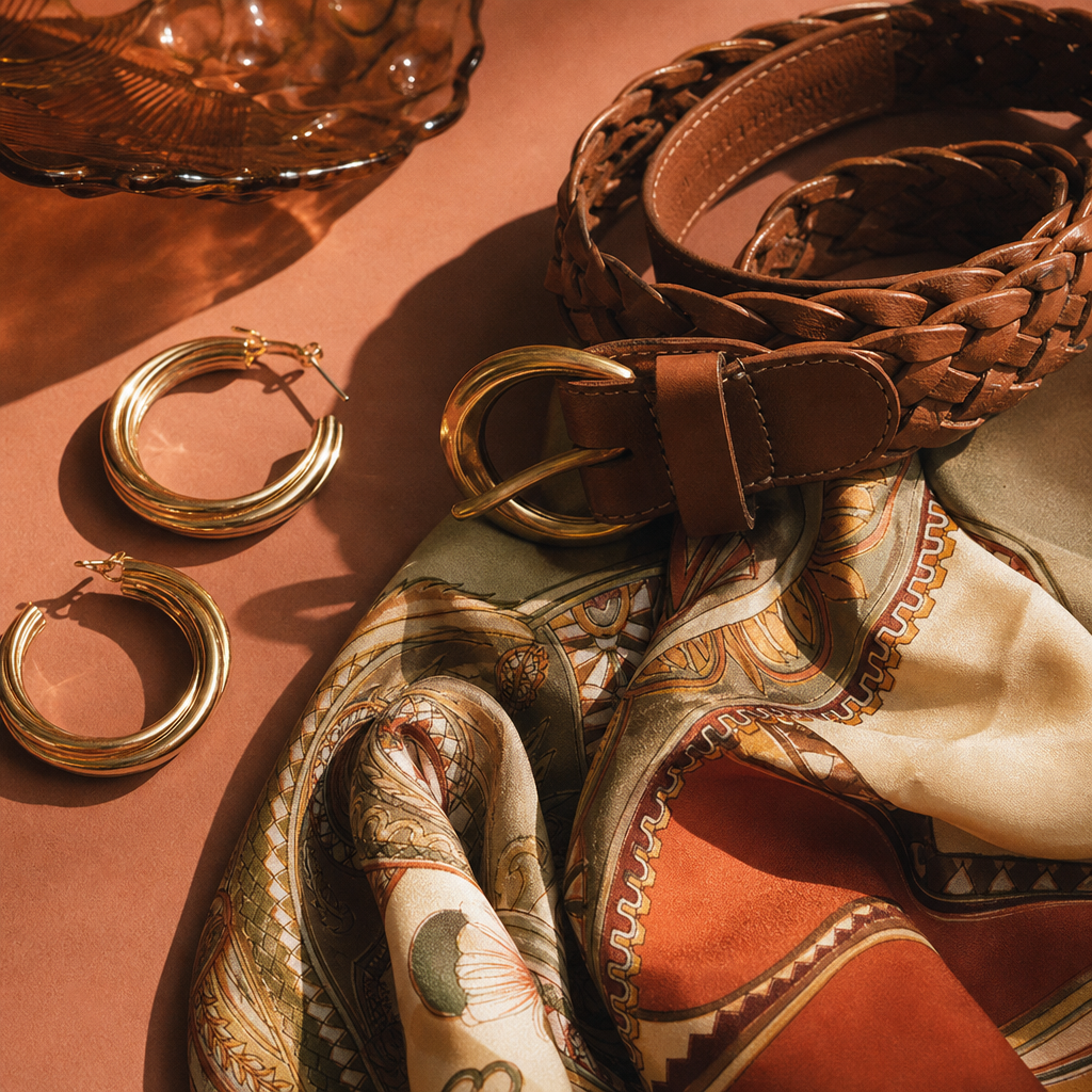 Assorted vintage accessories including gold hoop earrings and a woven leather belt