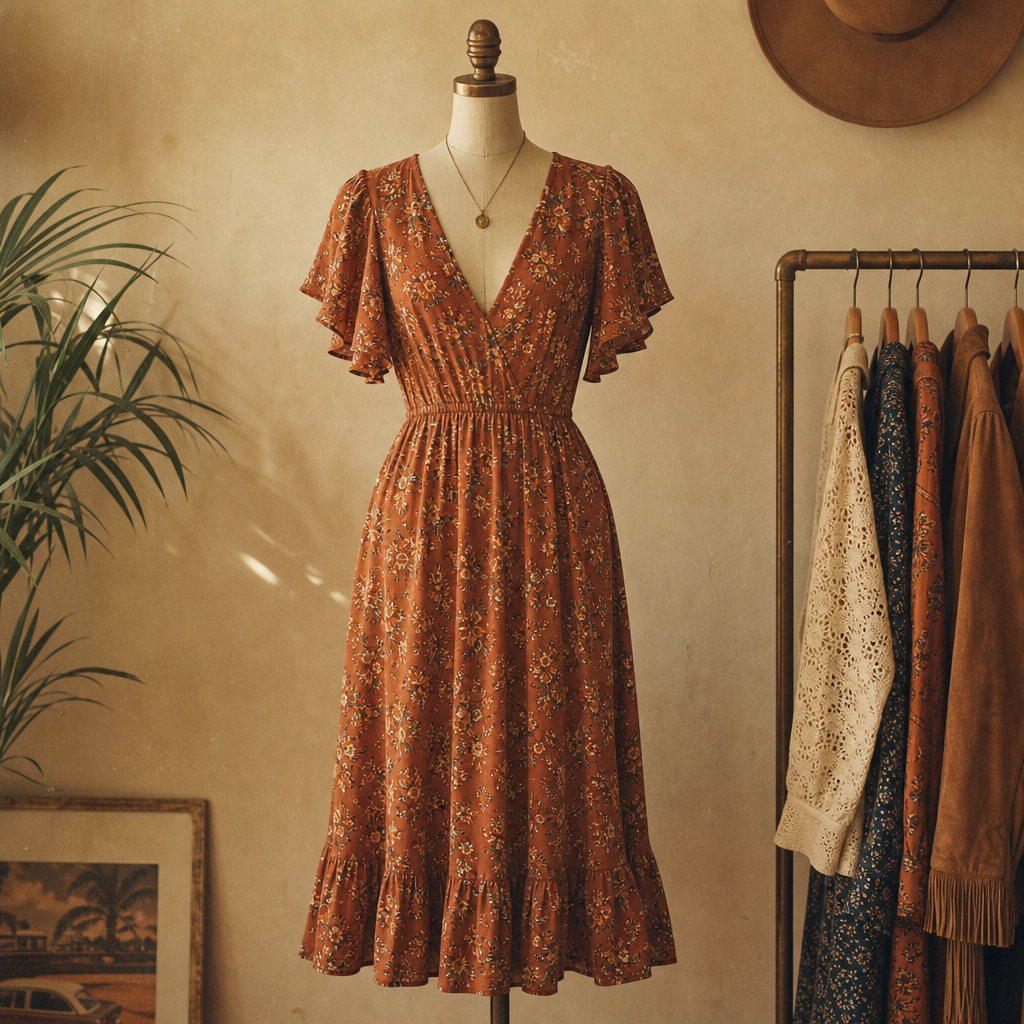 Flowy 1970s midi dress in burnt sienna with floral print and flutter sleeves