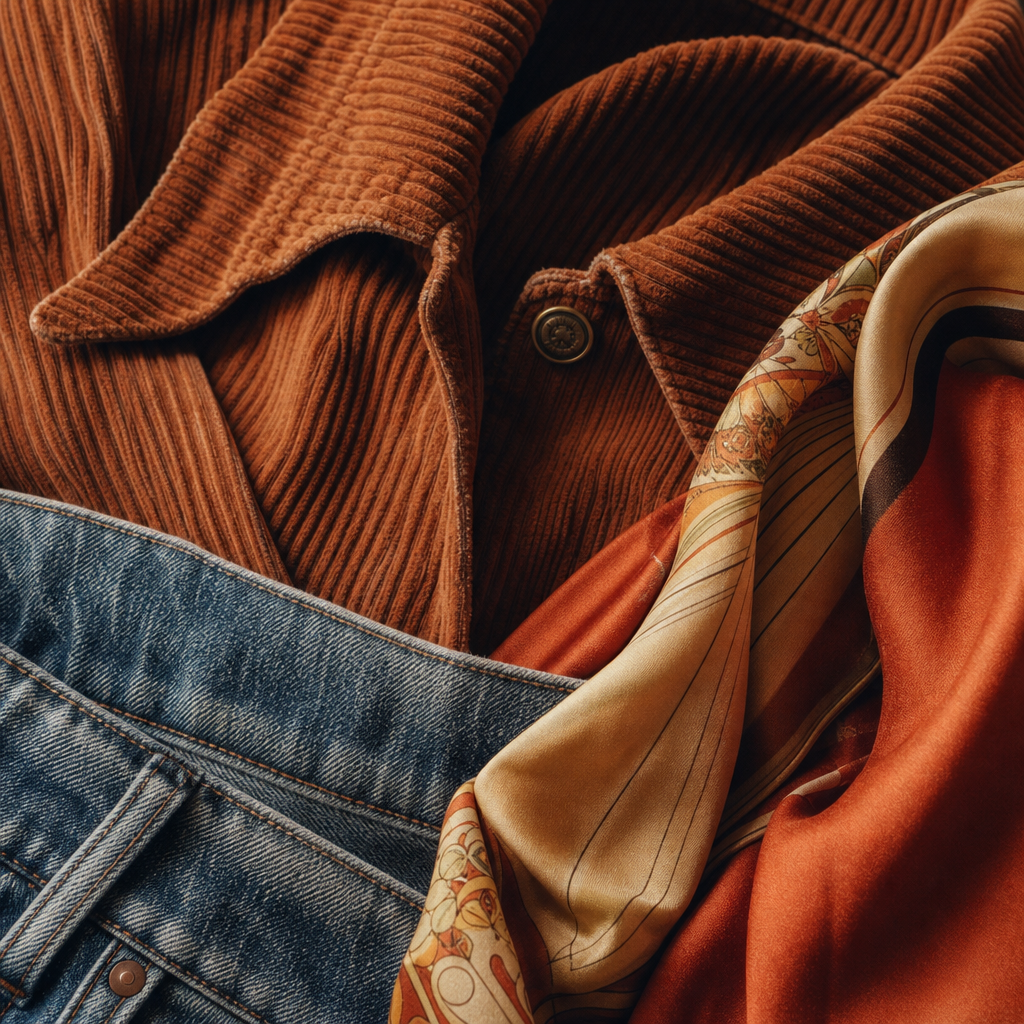 Close-up of vintage fabric textures featuring corduroy, denim, and a satin scarf in warm earth tones