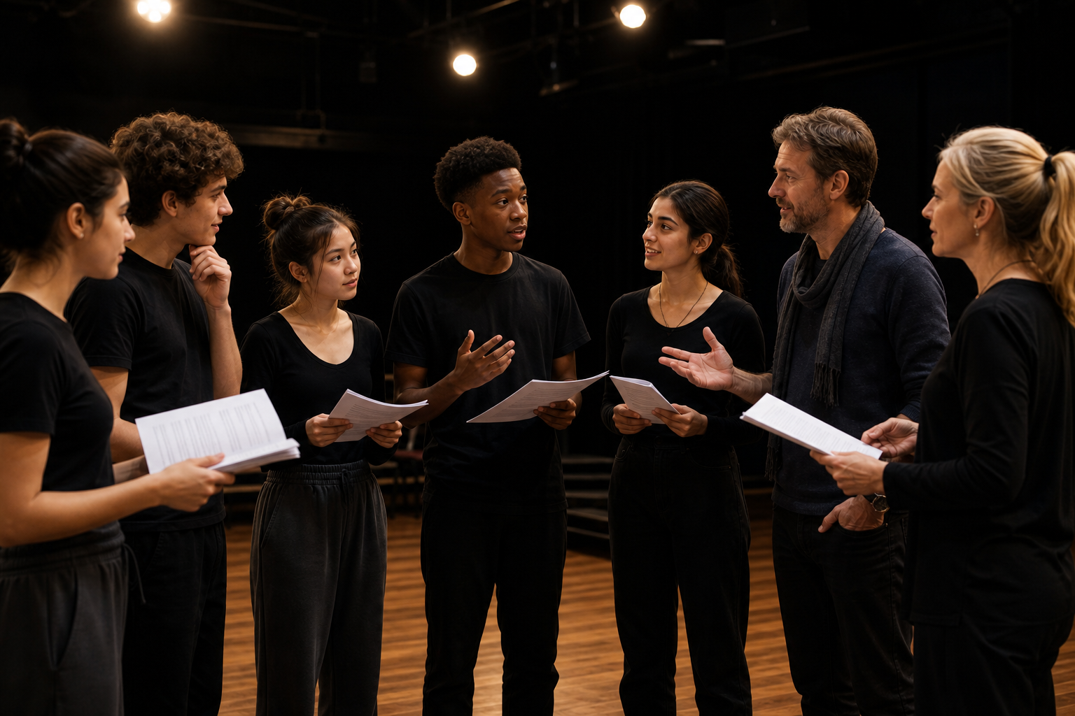 Multicultural students and educators collaborating in a theatre workshop, sharing scripts and movement exercises in a modern rehearsal studio
