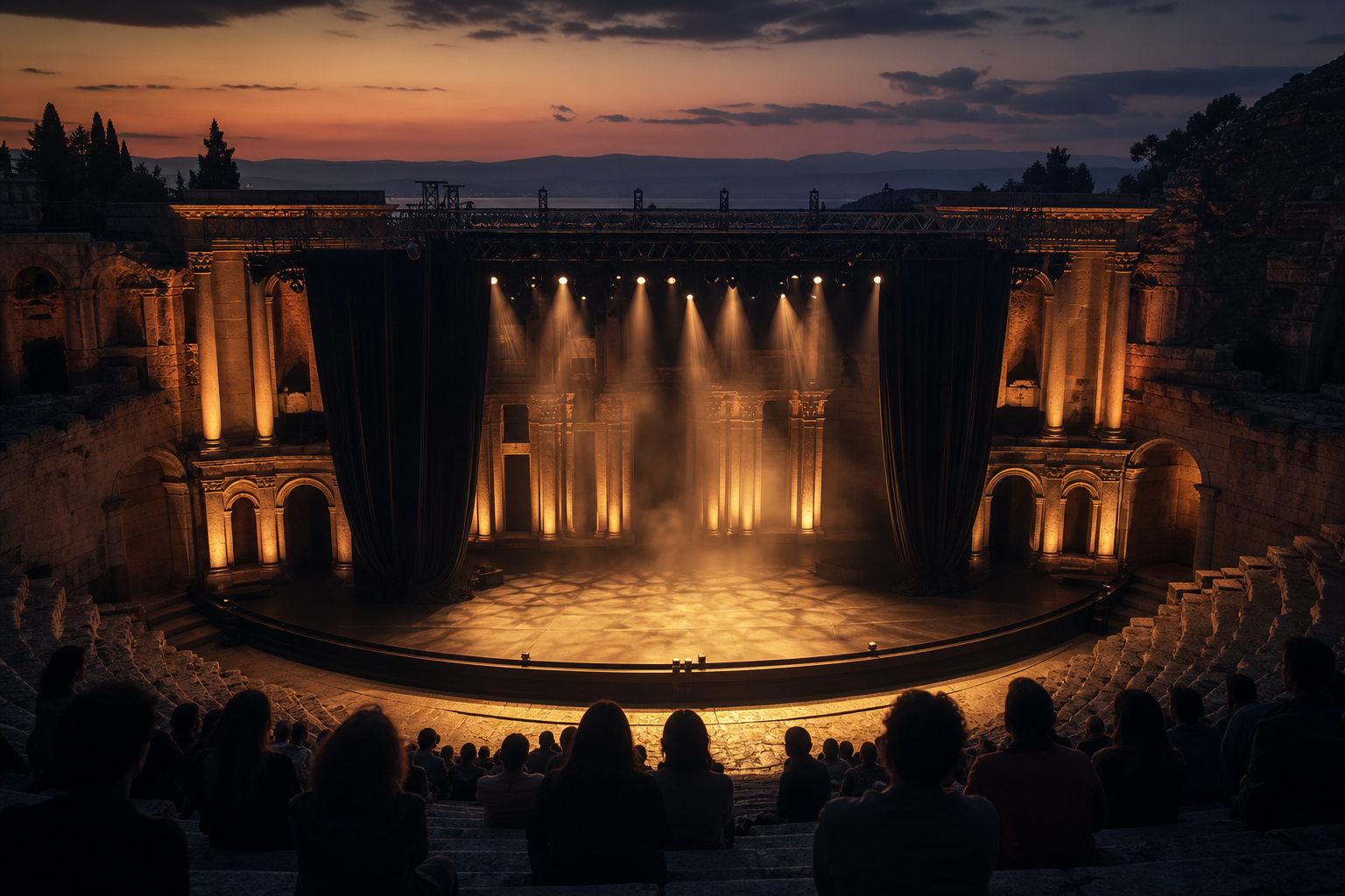 Cinematic wide view of a historic open-air amphitheatre stage at dusk with dramatic lighting, velvet curtains, architectural arches, and distant audience silhouettes, with no close-up faces or visible signage