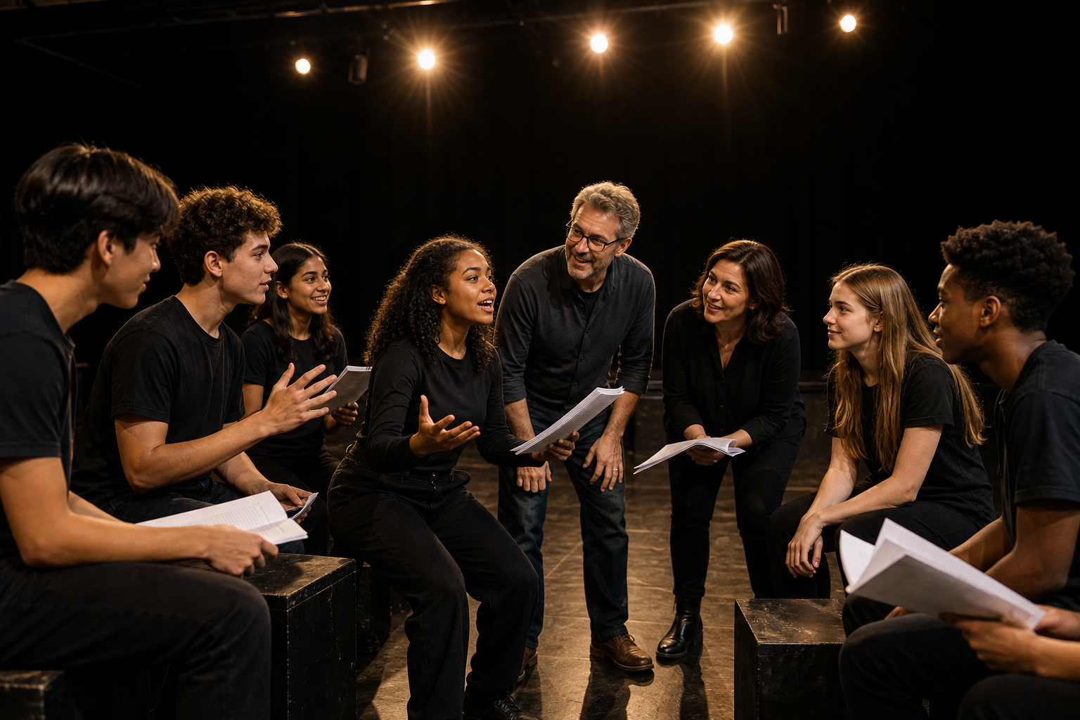 Multicultural students and educators in a theatre workshop rehearsal, practicing movement and dialogue on a small stage