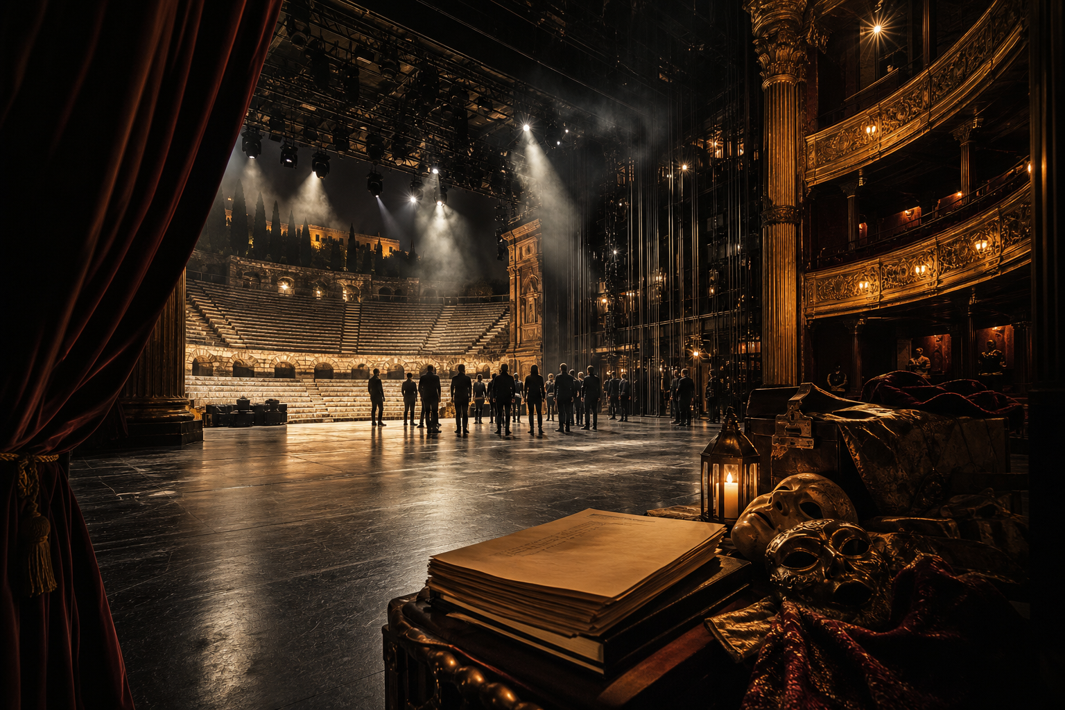 Cinematic wide-angle theatre environment featuring historic auditorium architecture, an elegant stage framed by velvet curtains, open-air amphitheatre stone tiers in the distance, overhead stage lighting haze, backstage rigging details, and scripts, masks, and props in the foreground; any people appear only as small distant silhouettes from behind, with no close-up faces and no visible written text or signage