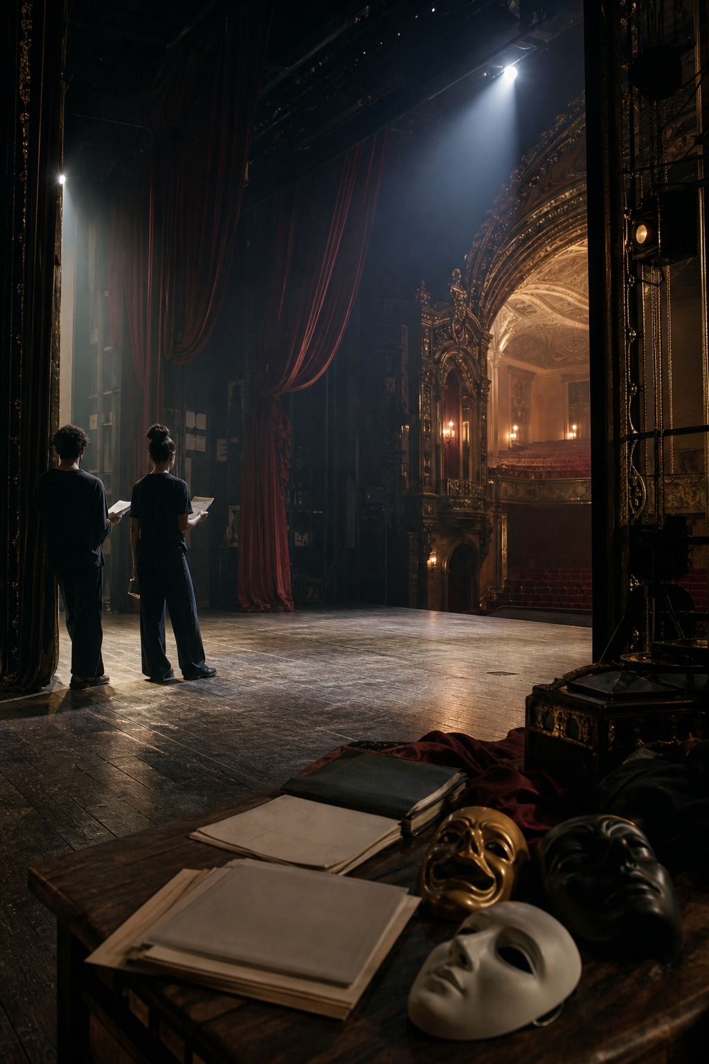 Environment-led theatre rehearsal interior with a wide stage view, velvet curtains, props table with scripts and masks, atmospheric lighting haze, and only a few distant non-facing silhouettes near the wings; no close-up faces and no visible written characters
