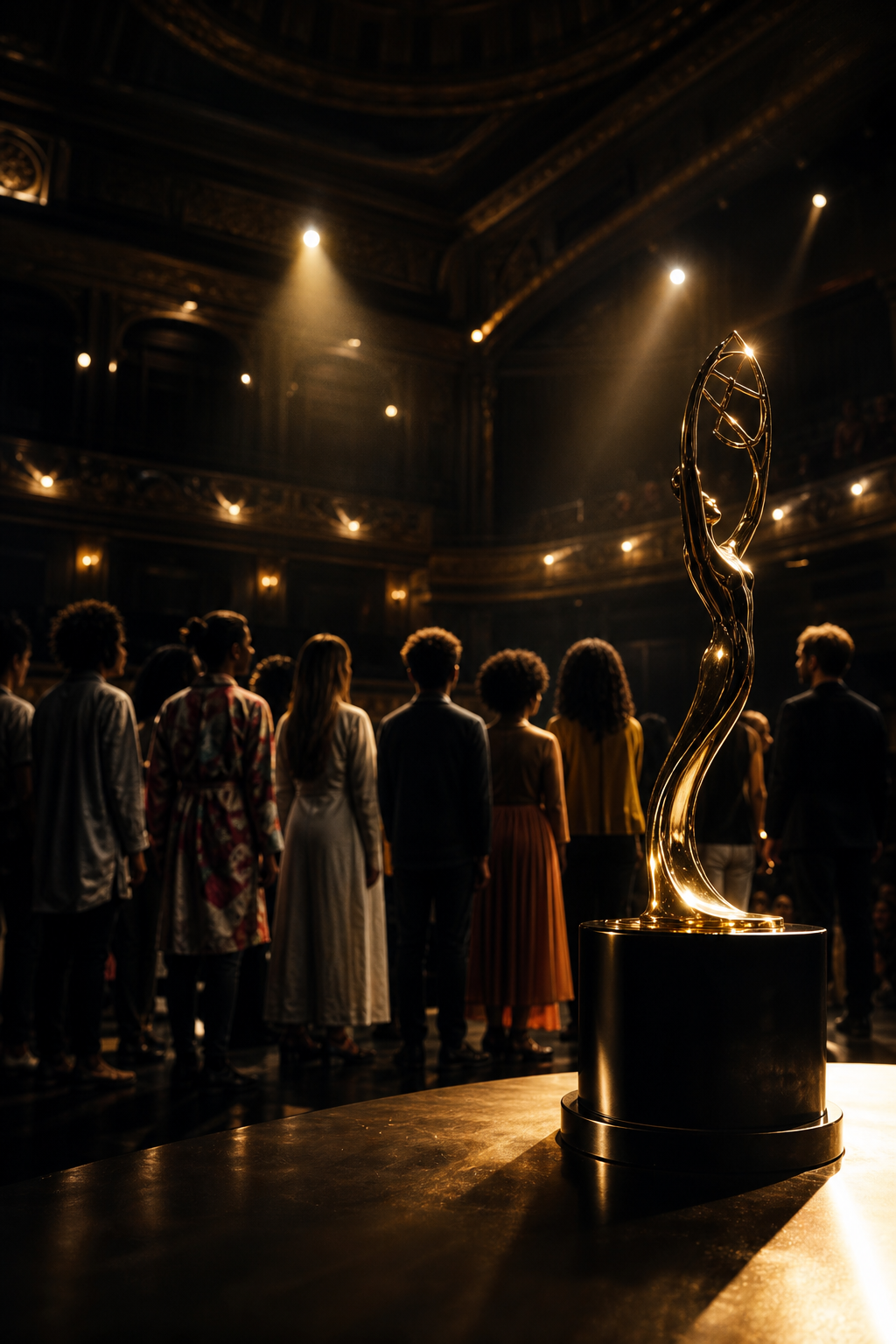 Cinematic ceremonial stage lighting over an awards platform with soft gold highlights and an international youth ensemble in silhouette
