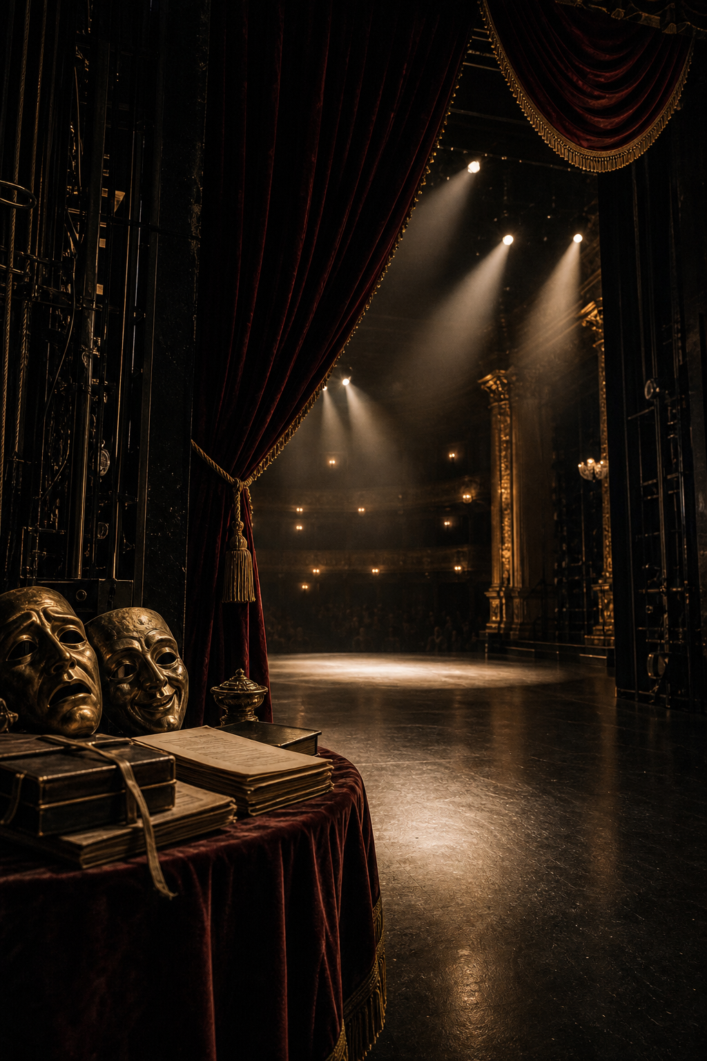 Timeless ceremonial theatre interior with a grand proscenium stage, deep velvet curtains, warm spotlights through gentle haze, classical masks and bound scripts on a side table, subtle backstage rigging detail, and distant anonymous audience silhouettes, with no visible written text or signage