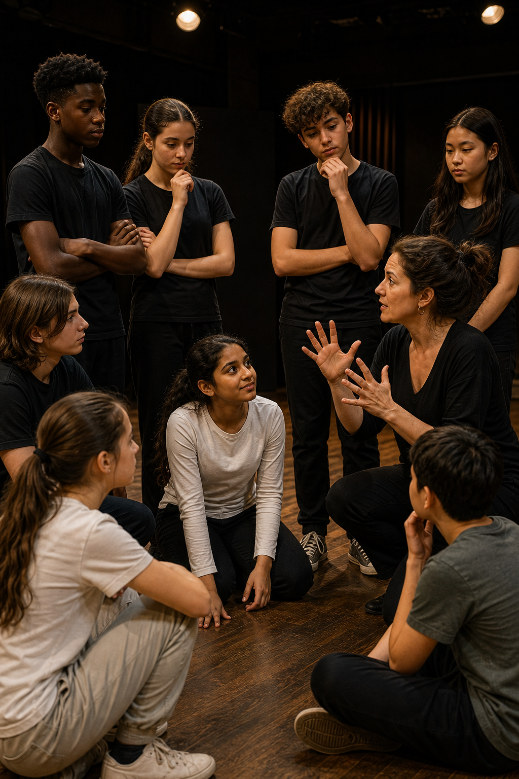 Multicultural children and teenagers collaborating with a drama educator during a focused rehearsal workshop on a professional studio stage