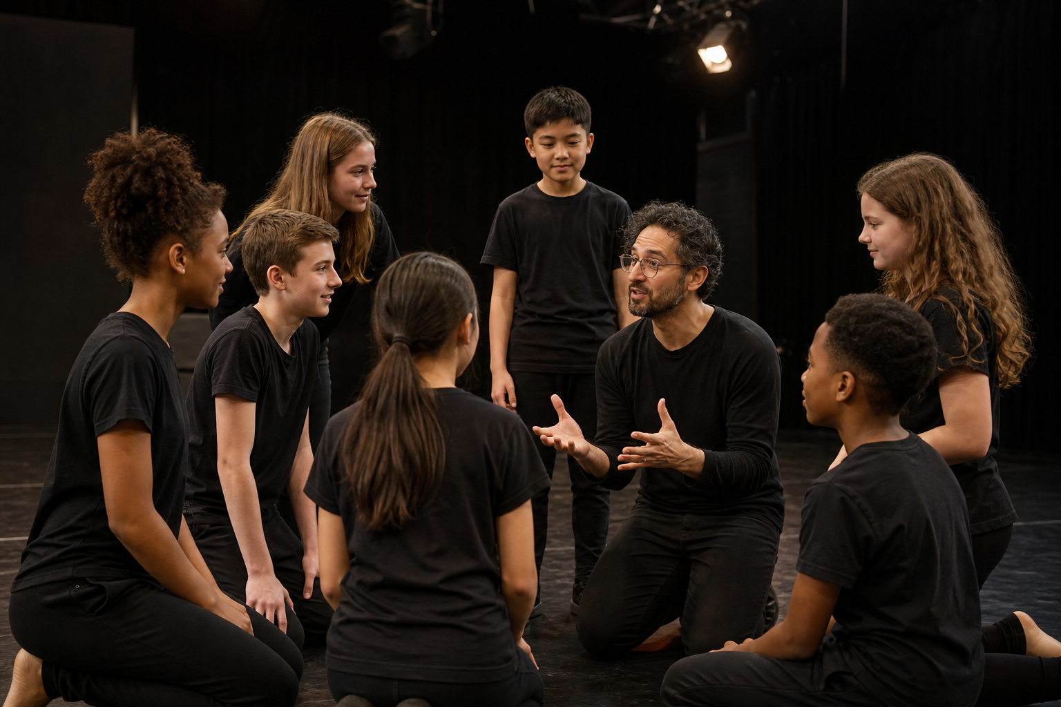 Multicultural young performers and an instructor collaborating during a weekend drama rehearsal in a studio