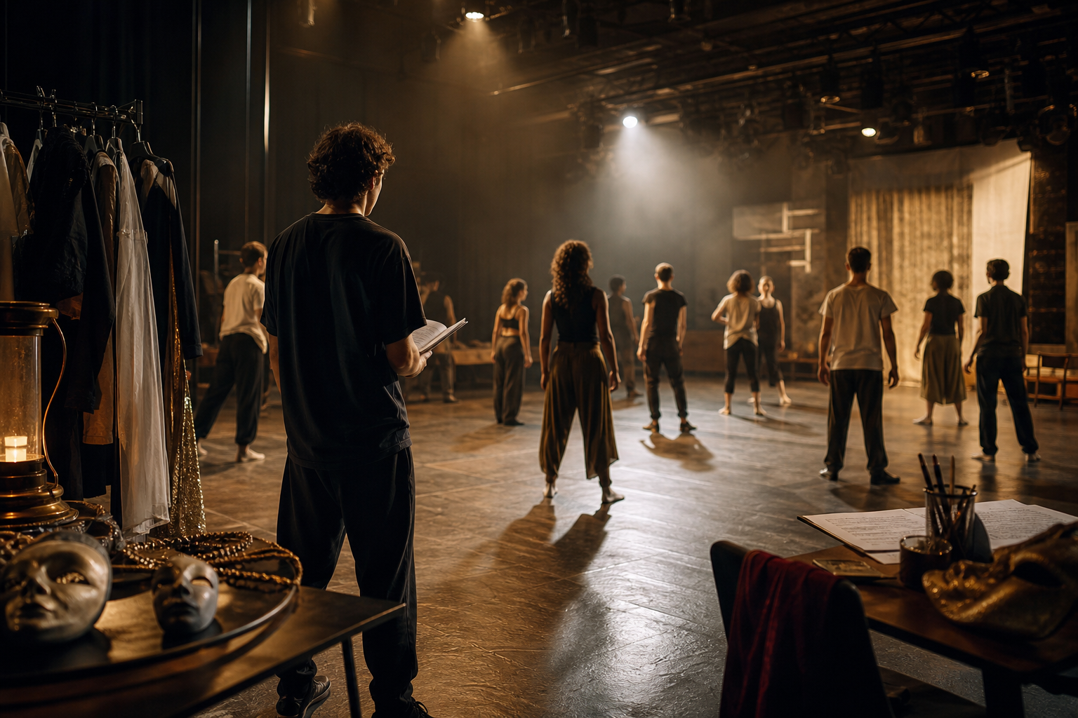 Wide cinematic rehearsal environment with open stage floor, theatre props and masks at the edges, scripts in hand, and young participants practicing movement as distant silhouettes under warm side lighting with no visible signage or written text