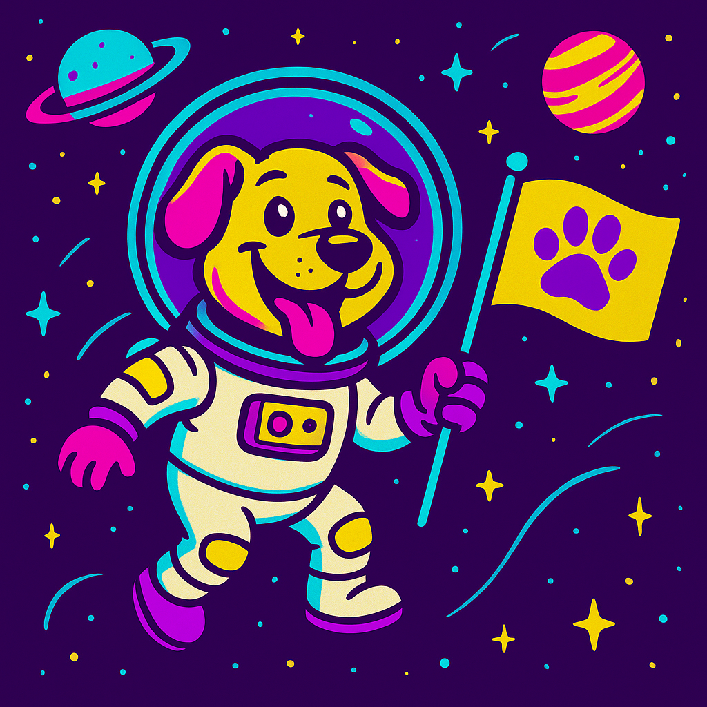 Cartoon dog in a white spacesuit with a big bubble helmet, floating in space and holding a flag with a paw print. Neon colors and playful meme style.