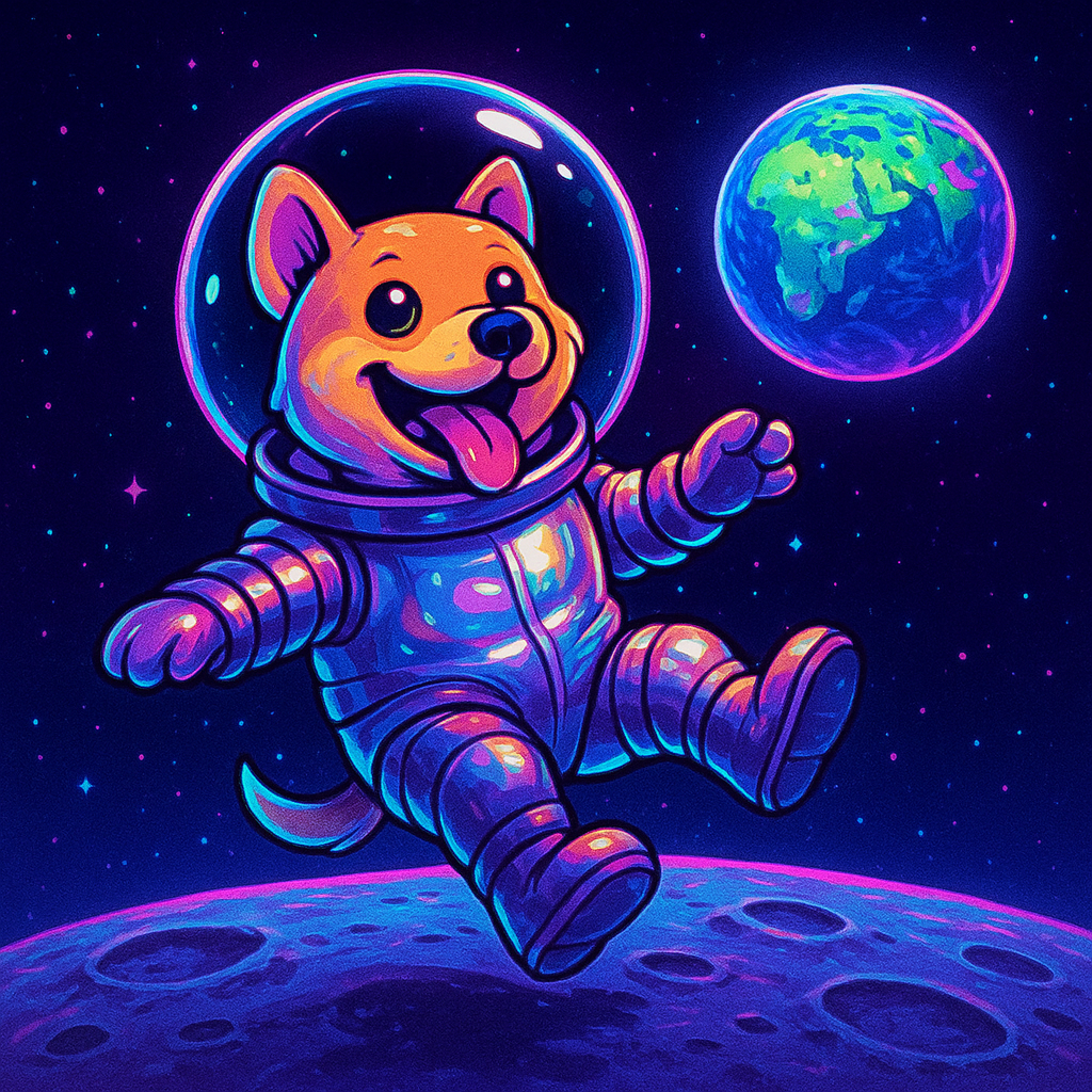 Dog in a shiny spacesuit with a bubble helmet, floating above the moon with Earth in the distance