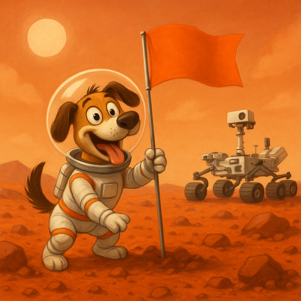 Curious dog in a white suit with orange accents, planting a flag on a red Mars landscape with a rover nearby