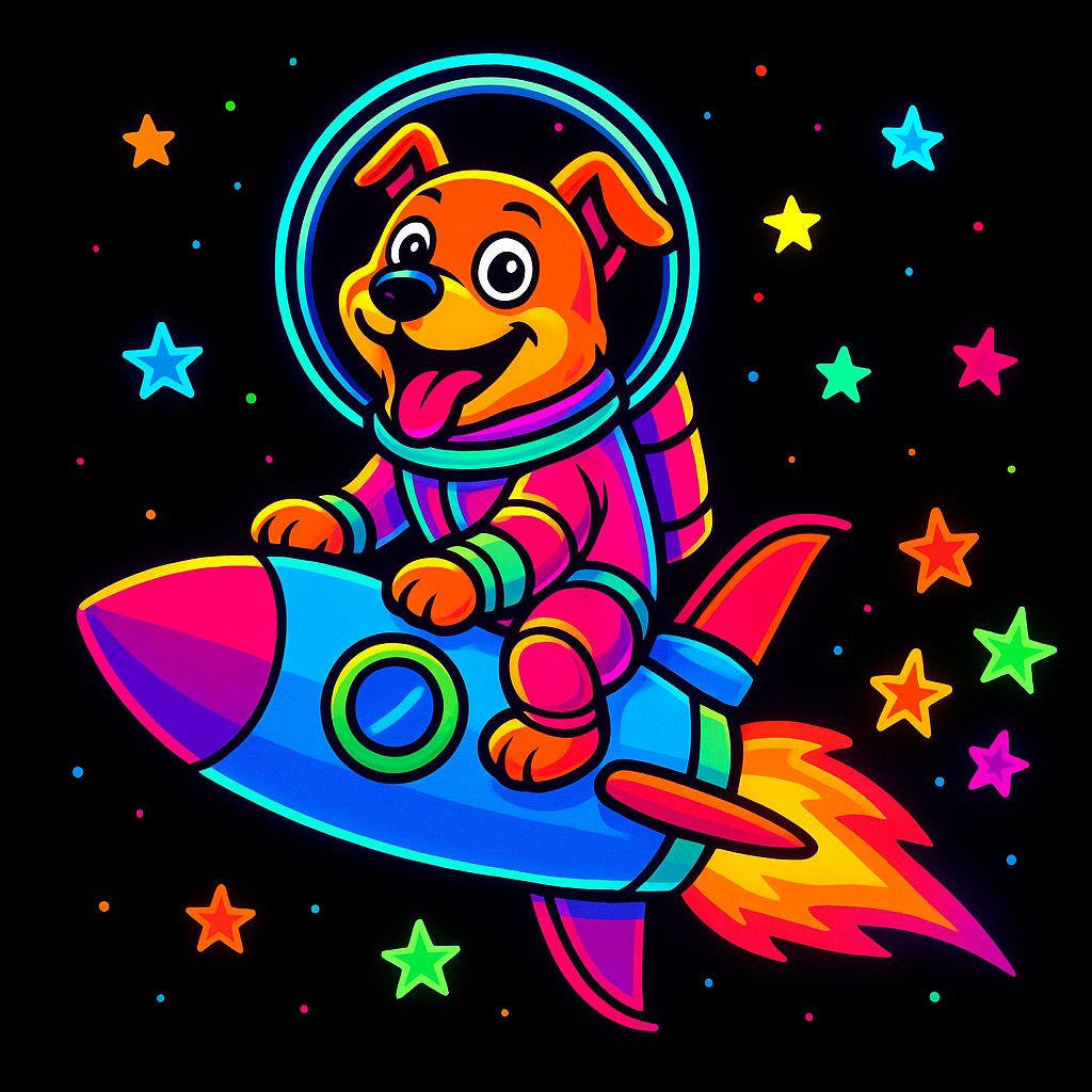 Excited dog in a neon spacesuit riding a cartoon rocket with colorful stars trailing behind