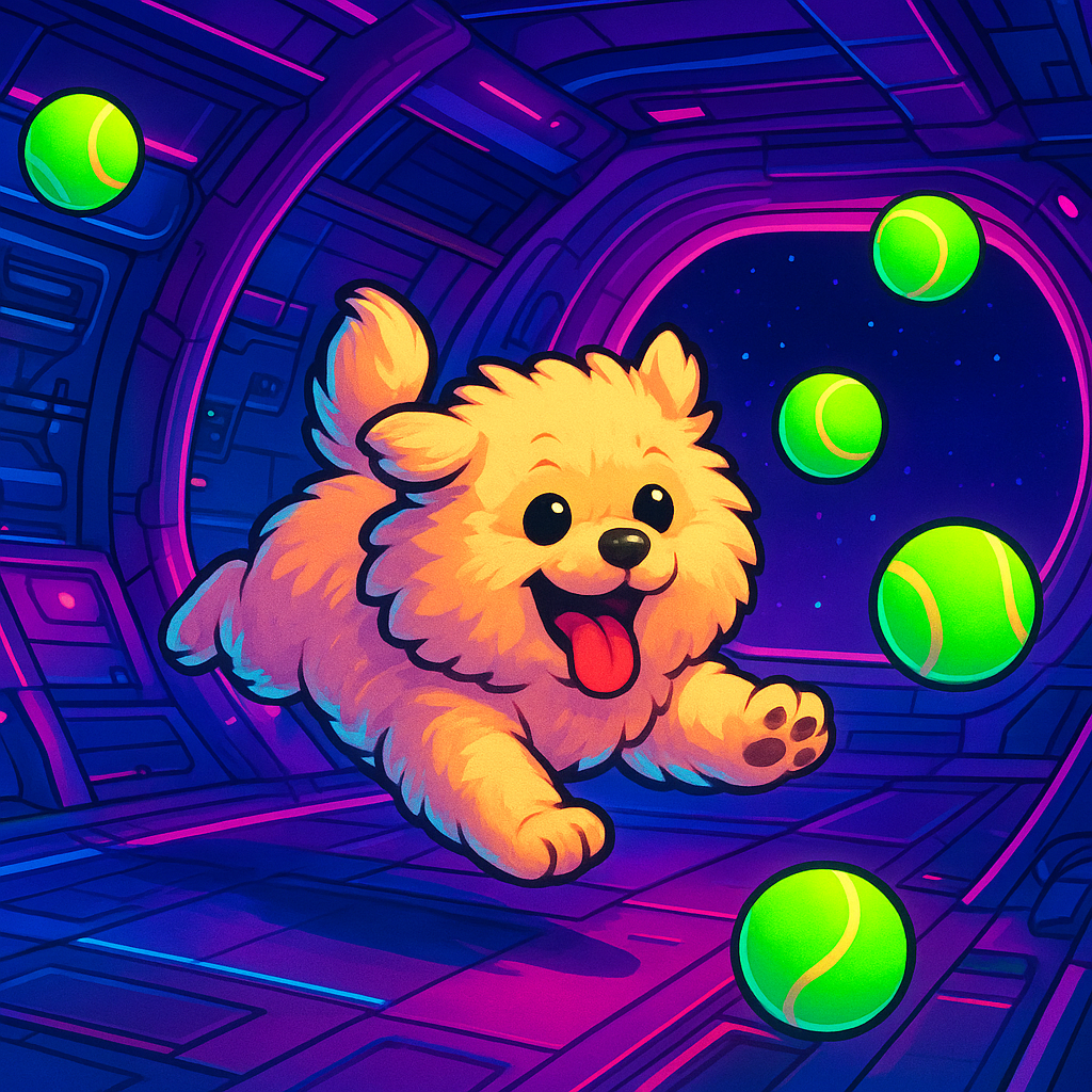 Fluffy dog chasing floating tennis balls inside a colorful space station in zero gravity