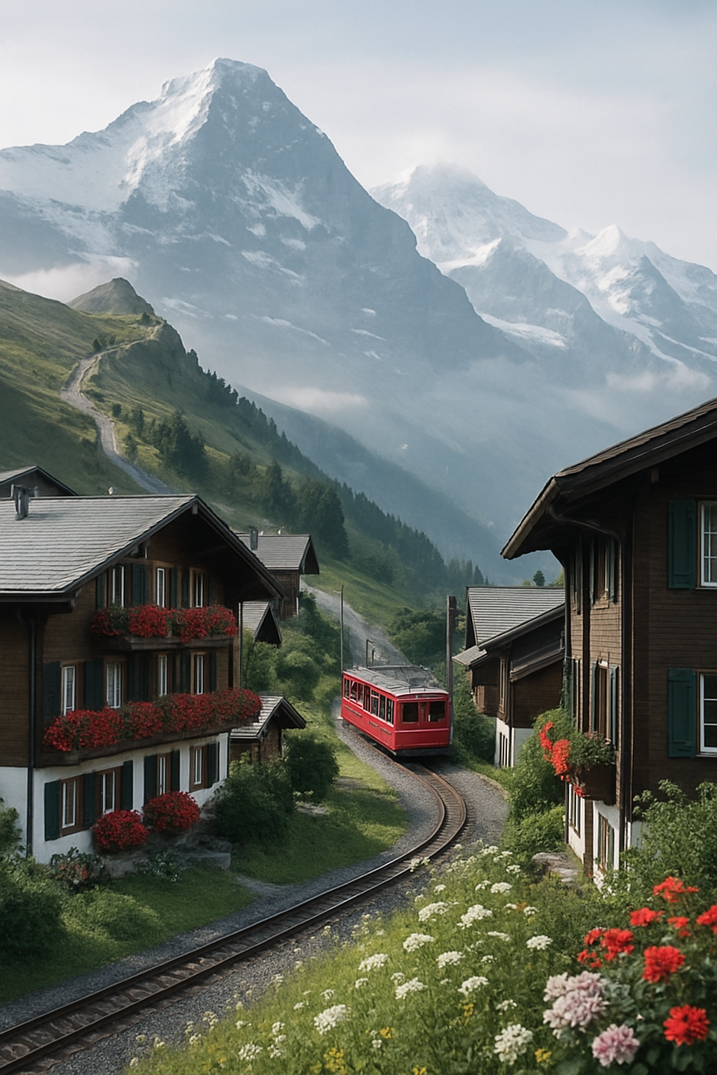 Alps itinerary scene with flower-lined alpine village, high ridge hiking path, and classic red mountain train beneath snowy peaks