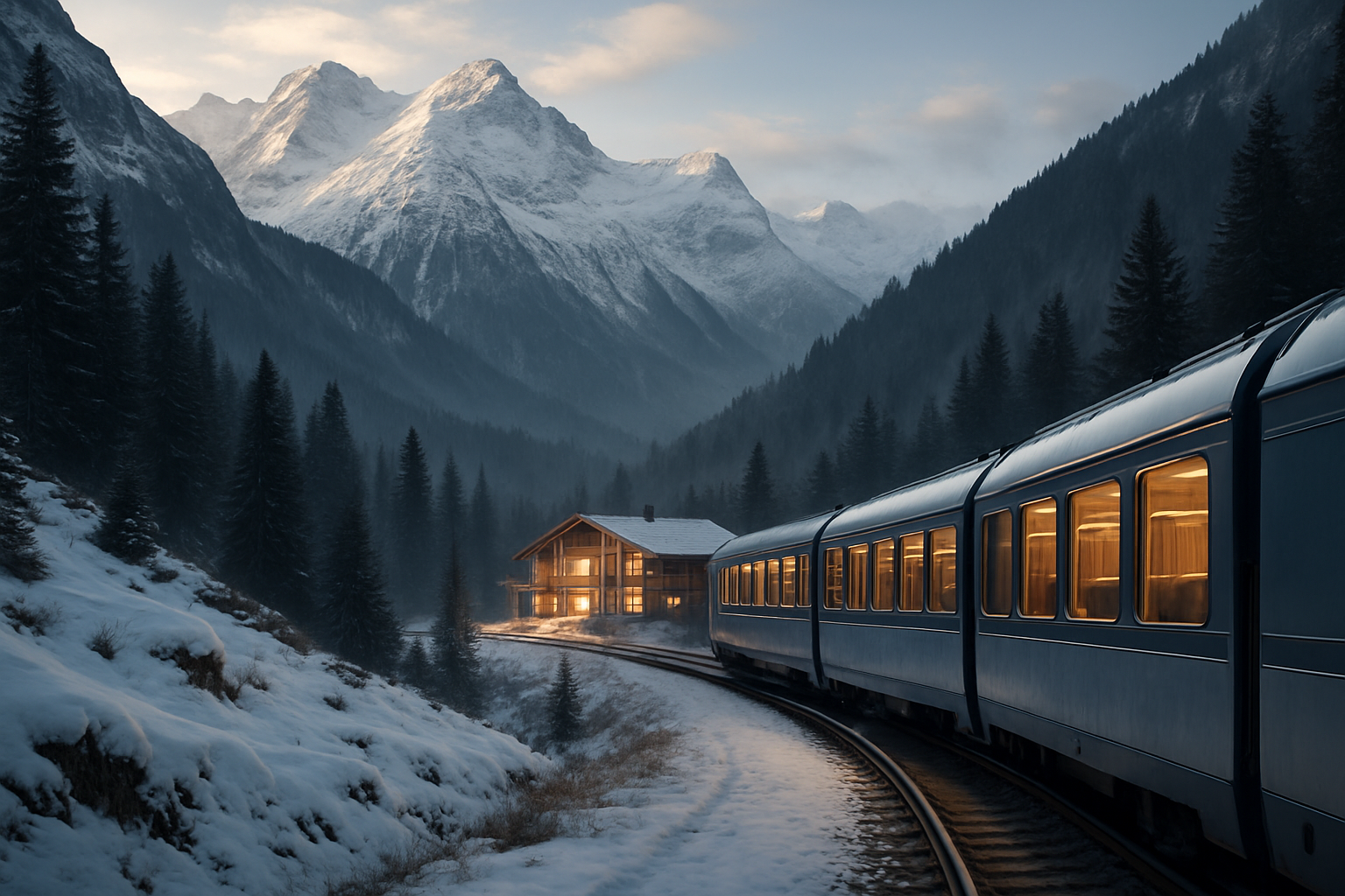 Panoramic train in the Alps passing snowy peaks toward a warm timber mountain lodge