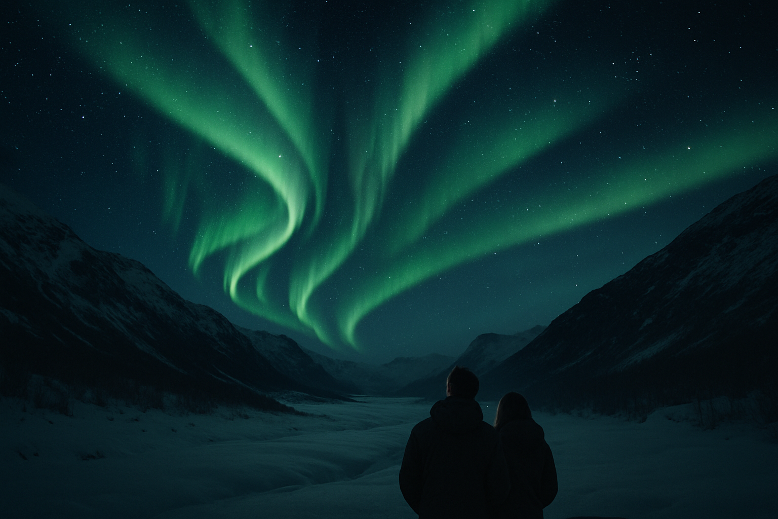 Couple watching green aurora curtains over a snowy Nordic valley at night