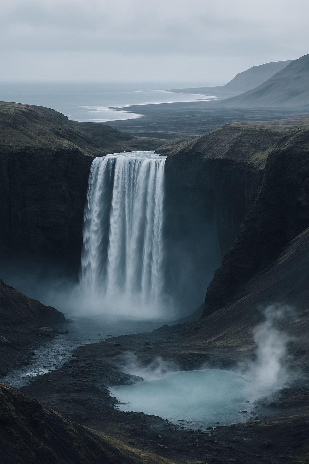 Iceland itinerary scene with cascading waterfall cliffs, steaming geothermal lagoon, and dramatic black-sand shoreline under soft overcast light
