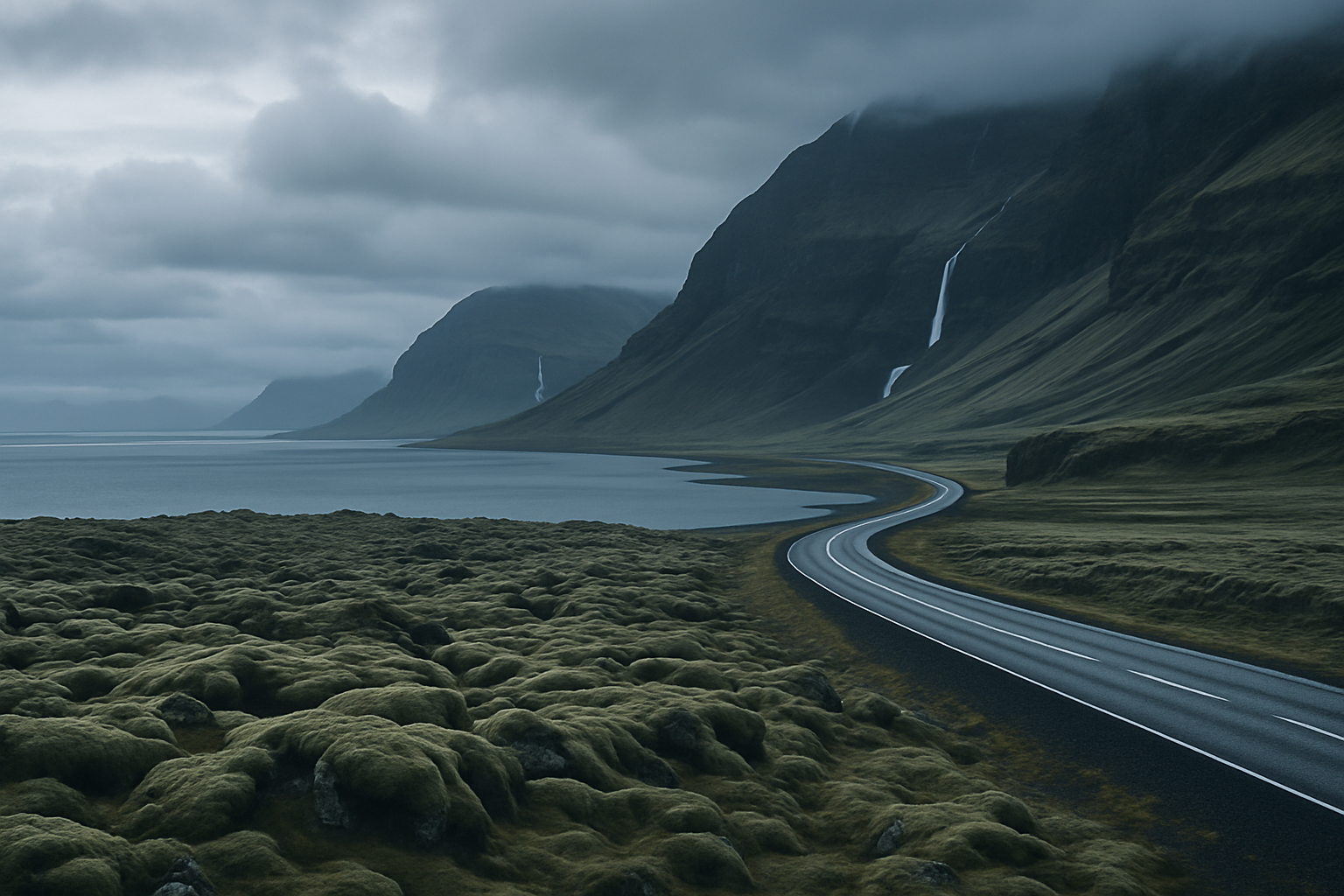 Mossy lava fields and a winding road in South Iceland under soft overcast light