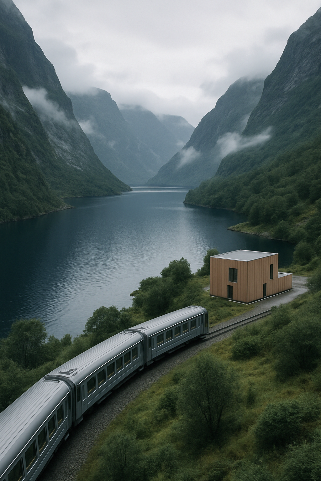 Norway itinerary scene with deep blue fjord waters, elegant train crossing mountain valley, and contemporary wooden lodge at twilight
