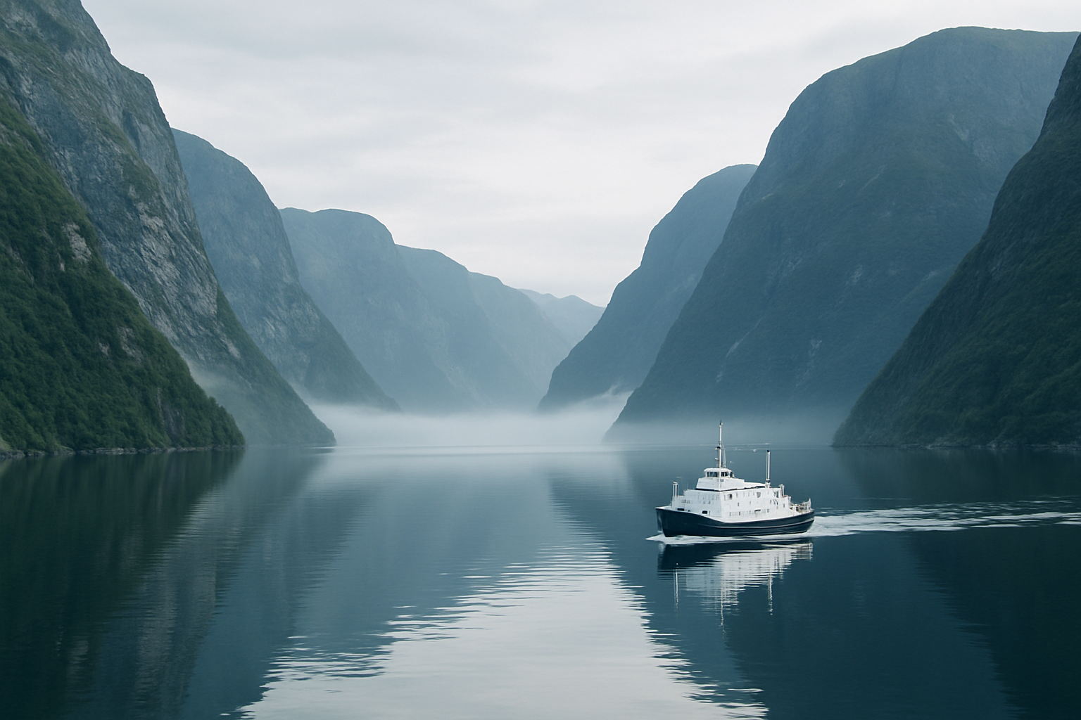 Quiet Norwegian fjord with steep green cliffs and a small ferry gliding through mist