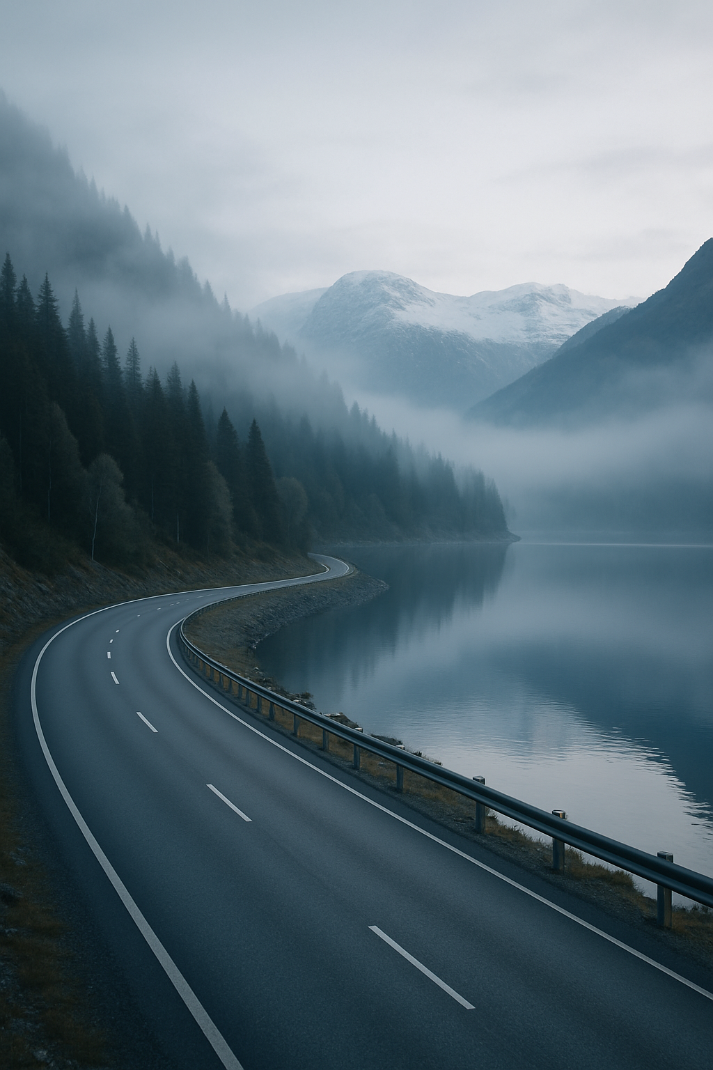 A winding mountain road beside a calm Nordic lake under soft morning mist