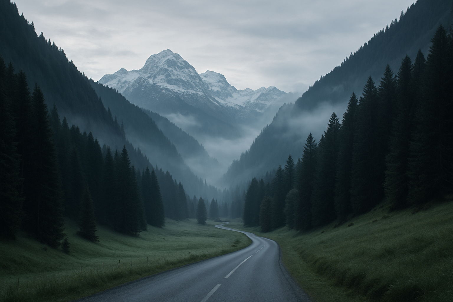Misty alpine valley with a winding road, evergreen slopes, and distant snowy peaks under soft morning light